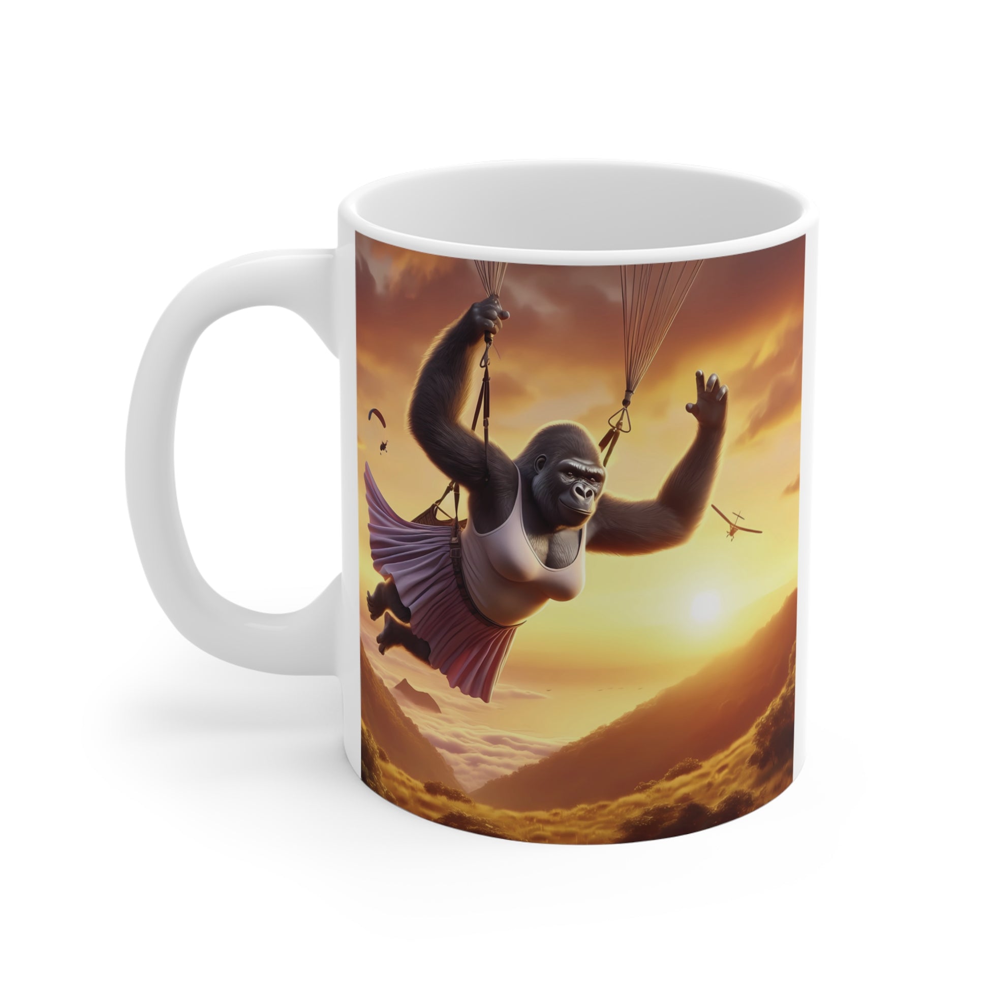 Female Gorilla flying with a parachute above clouds and valleys at sunset, colorful fantasy art featured on a ceramic mug.
