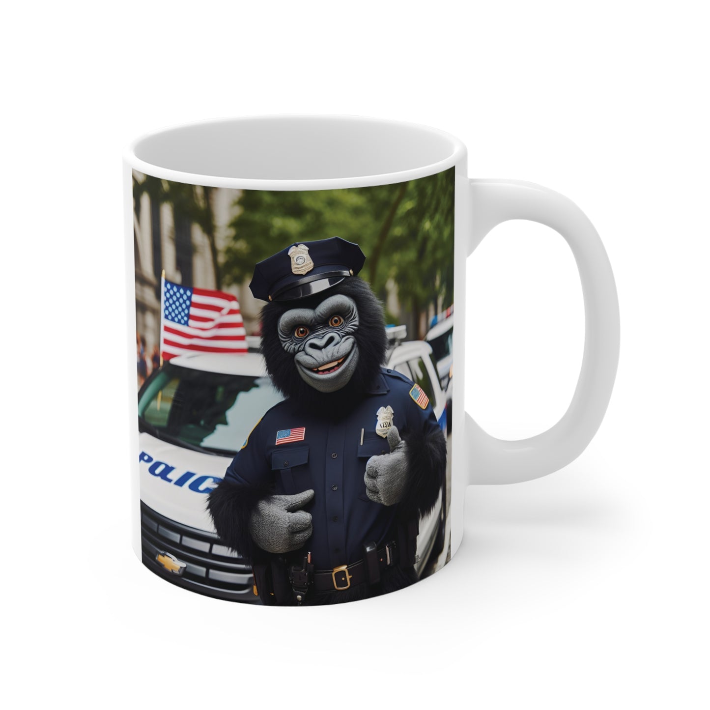 Smiling gorilla dressed as a police officer standing in front of a patrol car and American flag on a ceramic coffee mug.