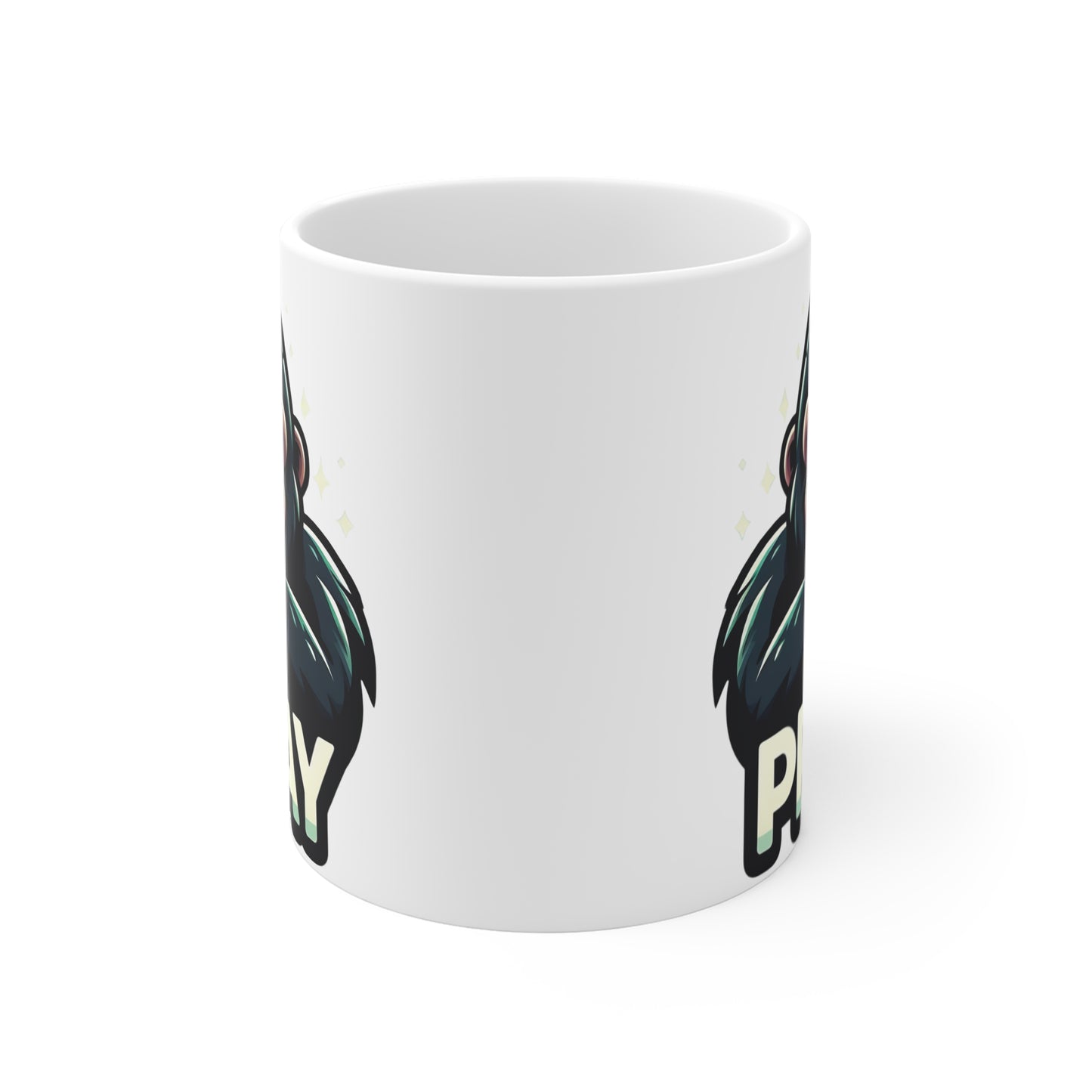 Funny gorilla prayer coffee mug featuring a smiling cartoon ape with folded hands, inspirational novelty mug design