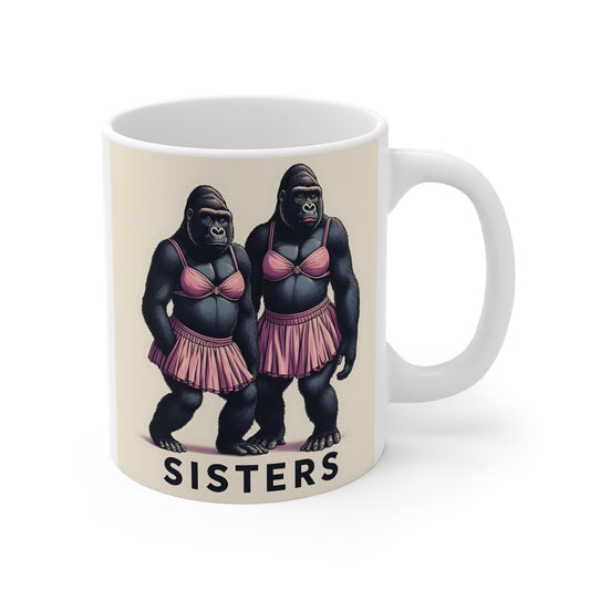 Funny gorilla sisters mug featuring two gorillas wearing pink skirts and tops, unique sister gift coffee mug on white ceramic cup.