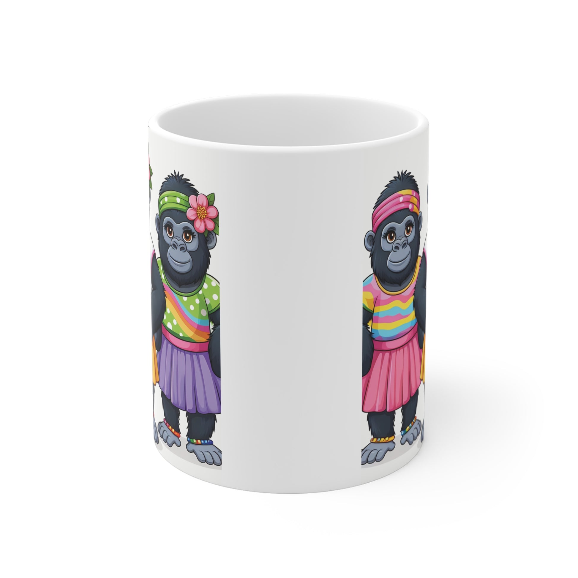 Cute cartoon gorilla sisters standing together in vibrant outfits and floral headbands on a white coffee mug, celebrating sisterhood, friendship, and family bonds.