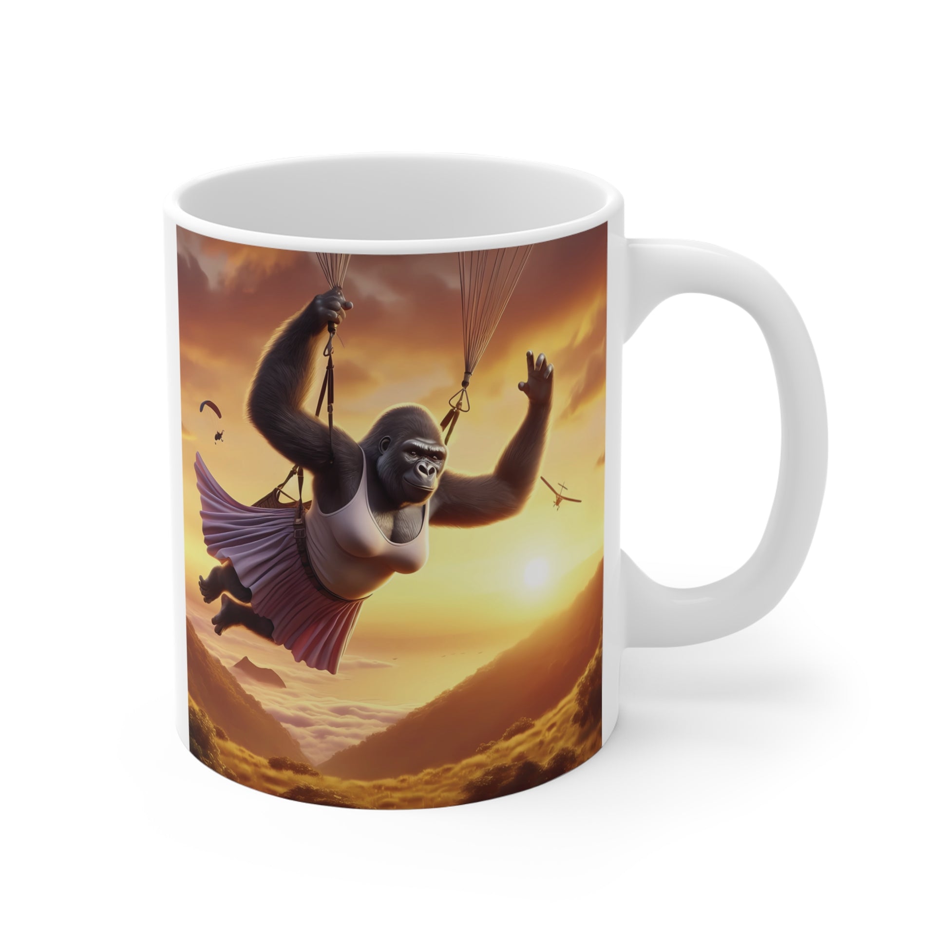 Funny gorilla skydiving through a mountain valley at sunset on a ceramic coffee mug, whimsical fantasy artwork with dramatic golden skies.