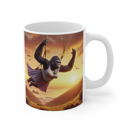 Funny gorilla skydiving through a mountain valley at sunset on a ceramic coffee mug, whimsical fantasy artwork with dramatic golden skies.