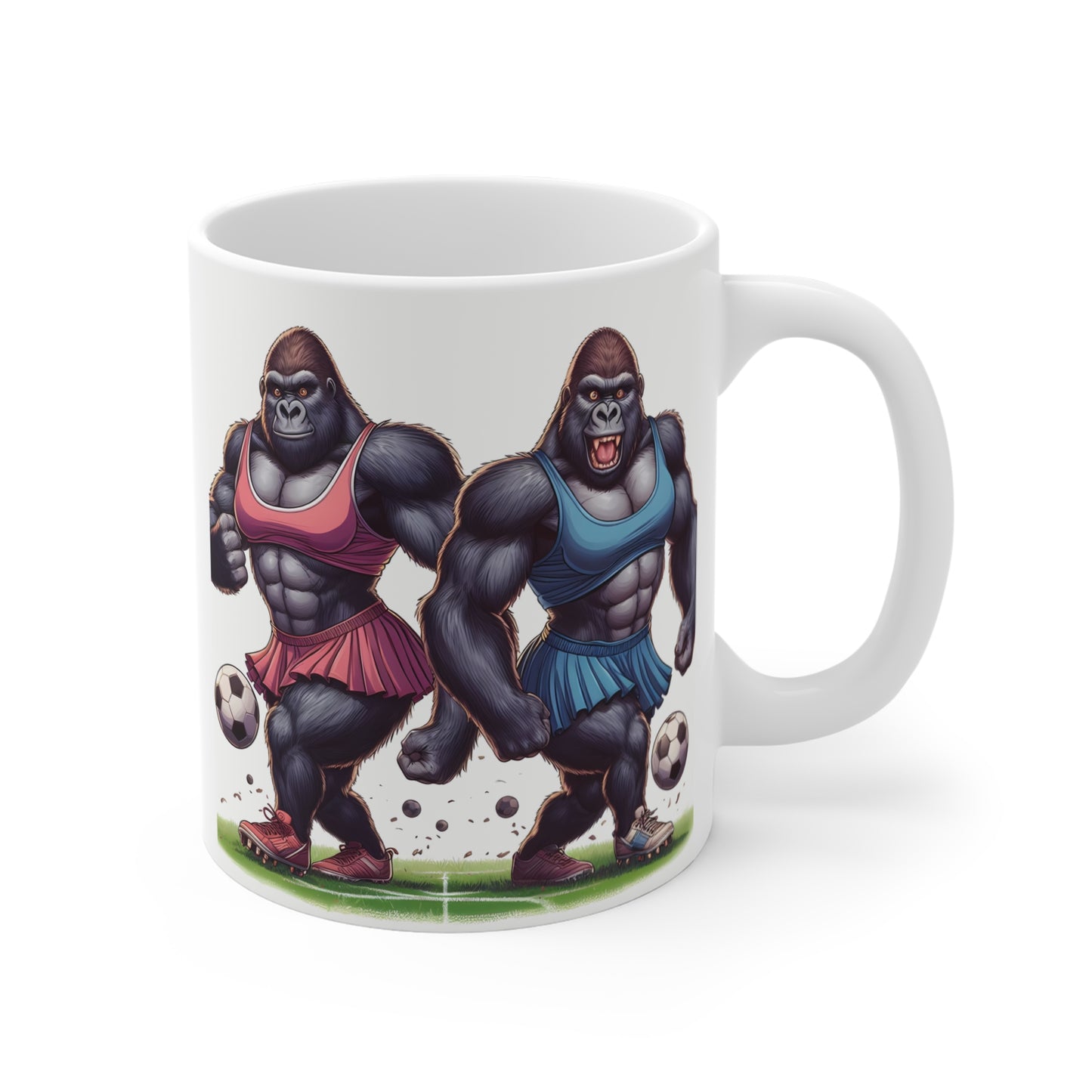 Funny gorilla soccer mug featuring muscular gorillas in sporty dresses playing football, unique cartoon animal design on 11oz ceramic coffee mug.