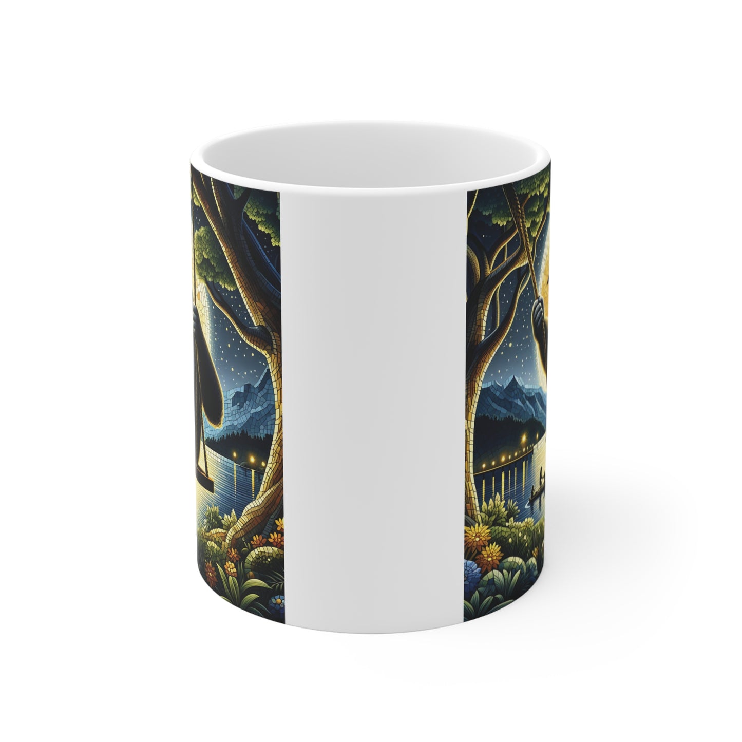 Funny Gorilla Swing Coffee Mug – Gorilla on Rope Swing Under Moonlight Ceramic Mug for Wildlife and Nature Lovers