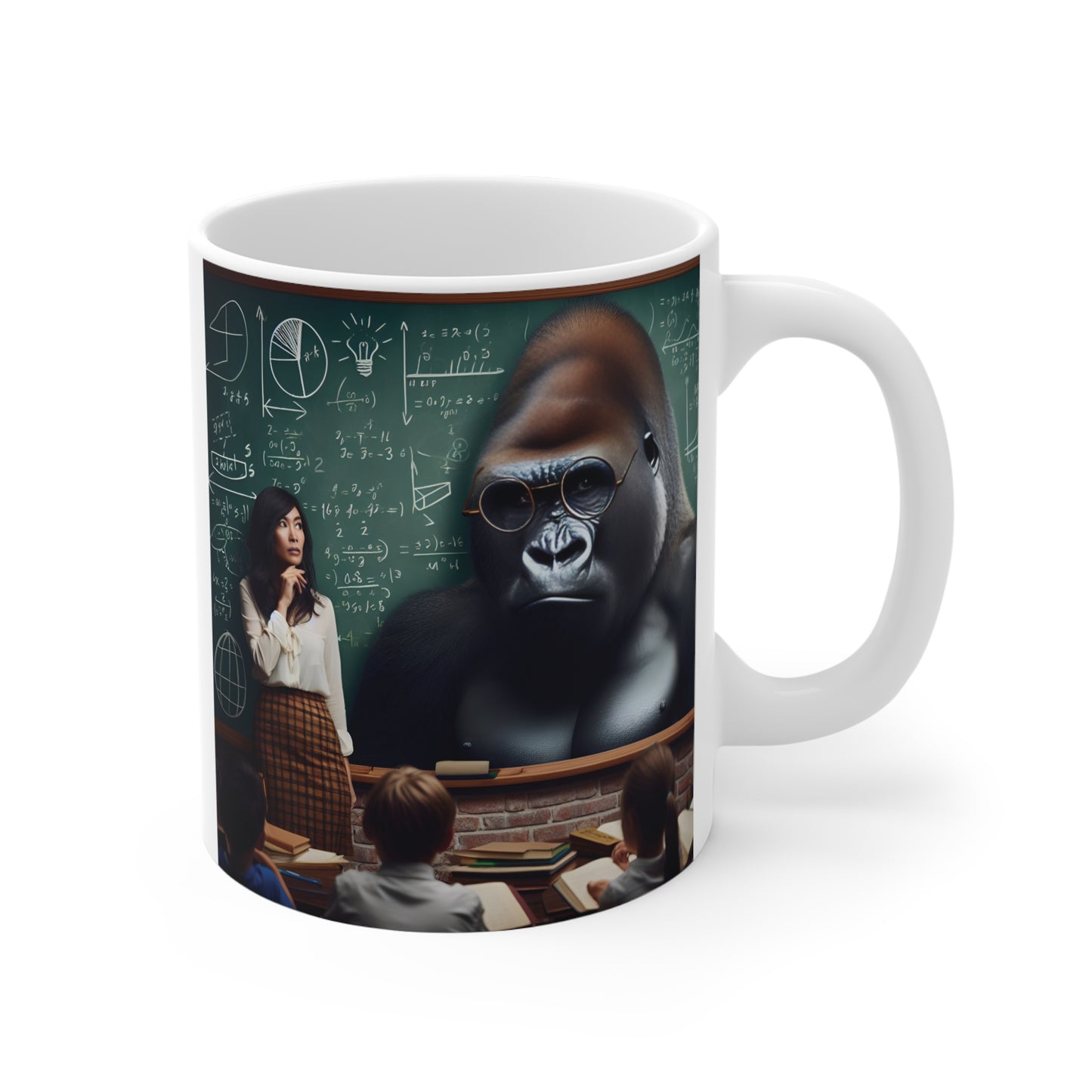 Intelligent gorilla wearing glasses in a classroom with mathematical equations on a chalkboard, printed on a white ceramic coffee mug.
