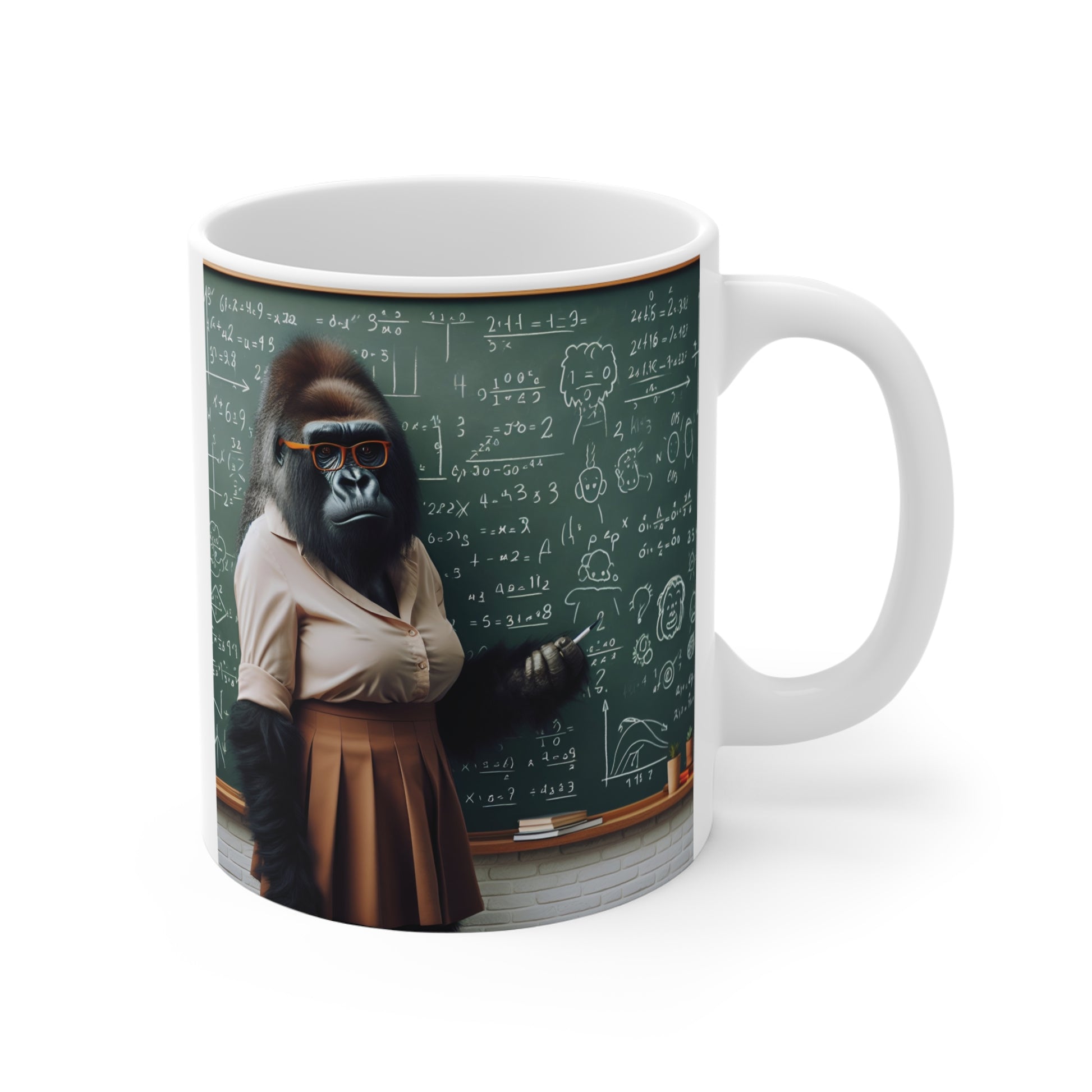Funny gorilla teacher coffee mug featuring a female gorilla in glasses standing in front of a chalkboard filled with math equations and classroom doodles.