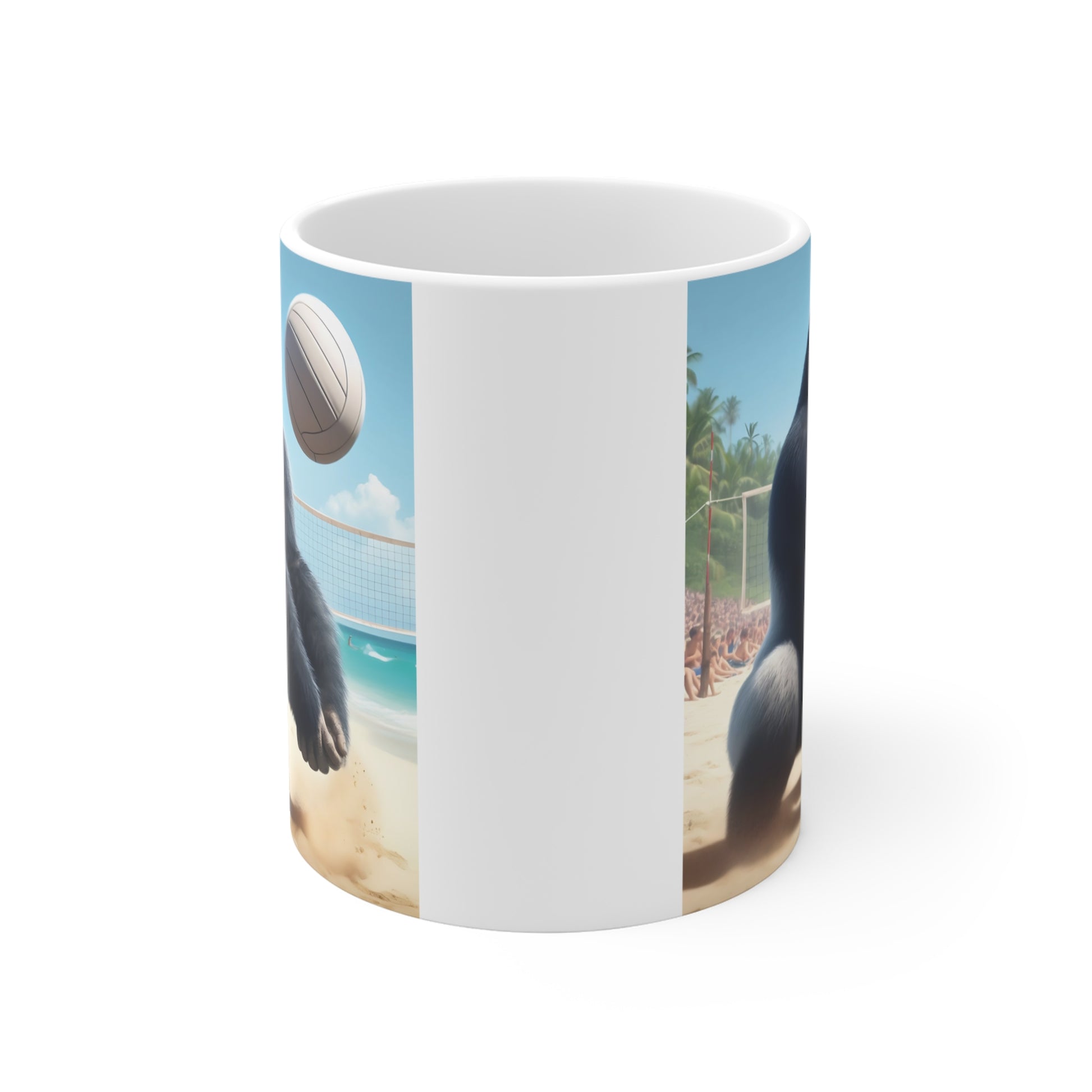 Funny gorilla volleyball coffee mug with realistic ape athlete and beach sports scene, perfect novelty gift for volleyball players and animal lovers.