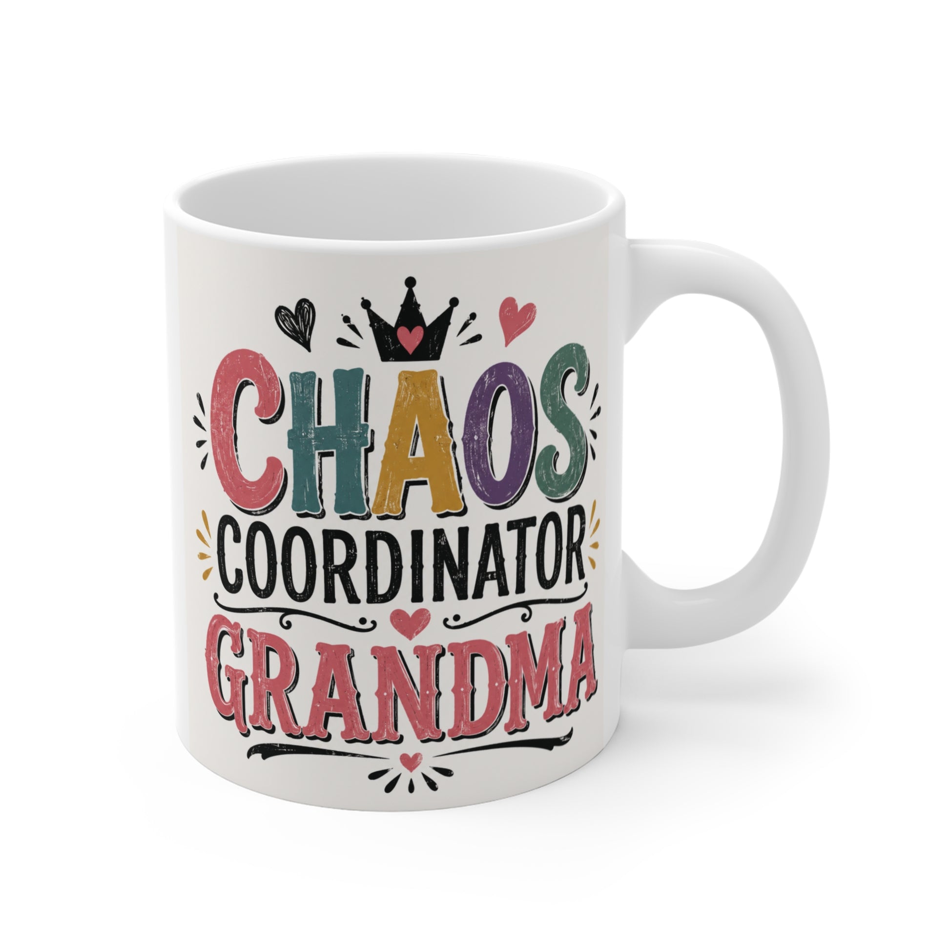 Colorful Chaos Coordinator Grandma 11oz ceramic coffee mug with playful typography and heart accents