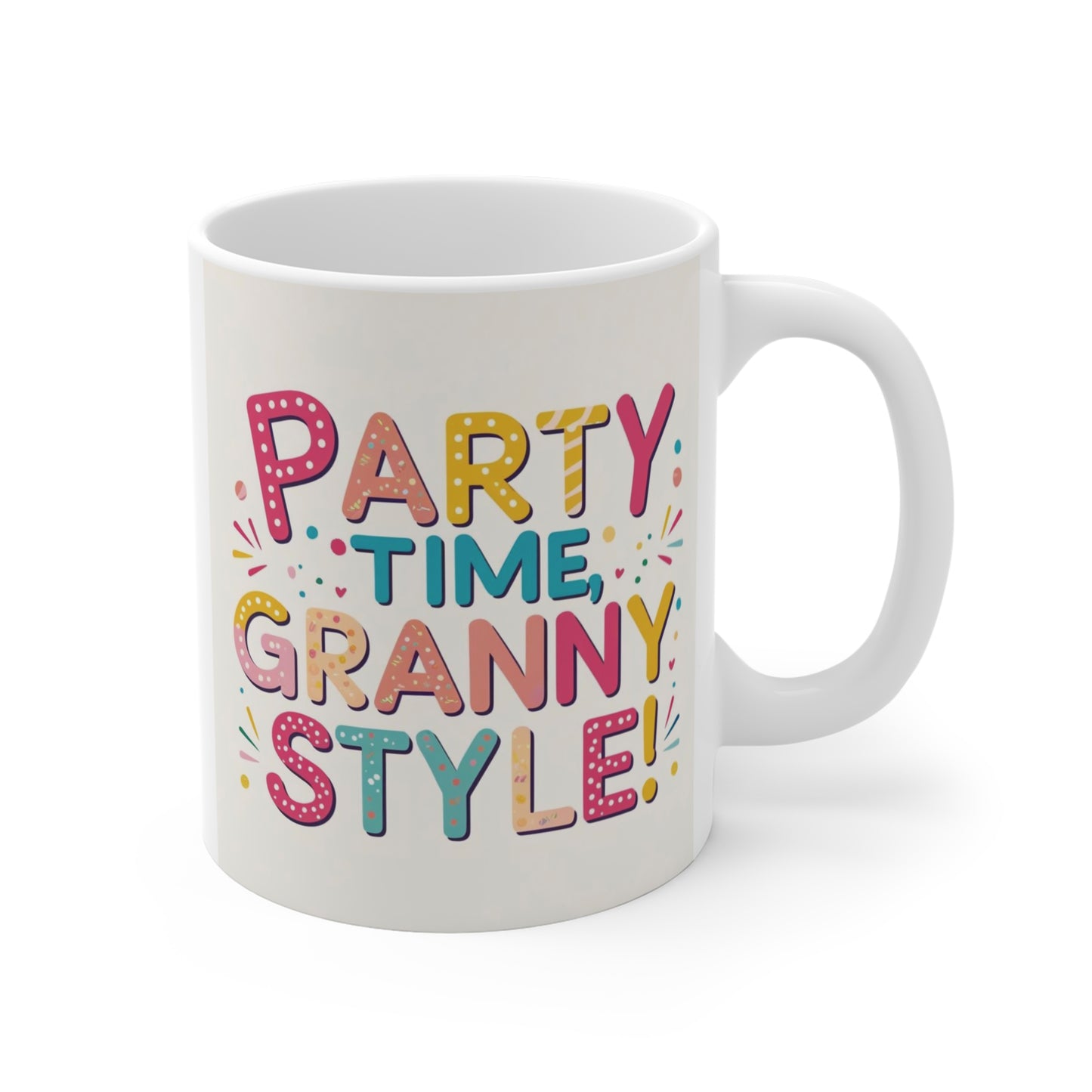 Party Time Granny Style 11oz white ceramic coffee mug featuring colorful lettering, perfect gift for grandma, granny, or nana.