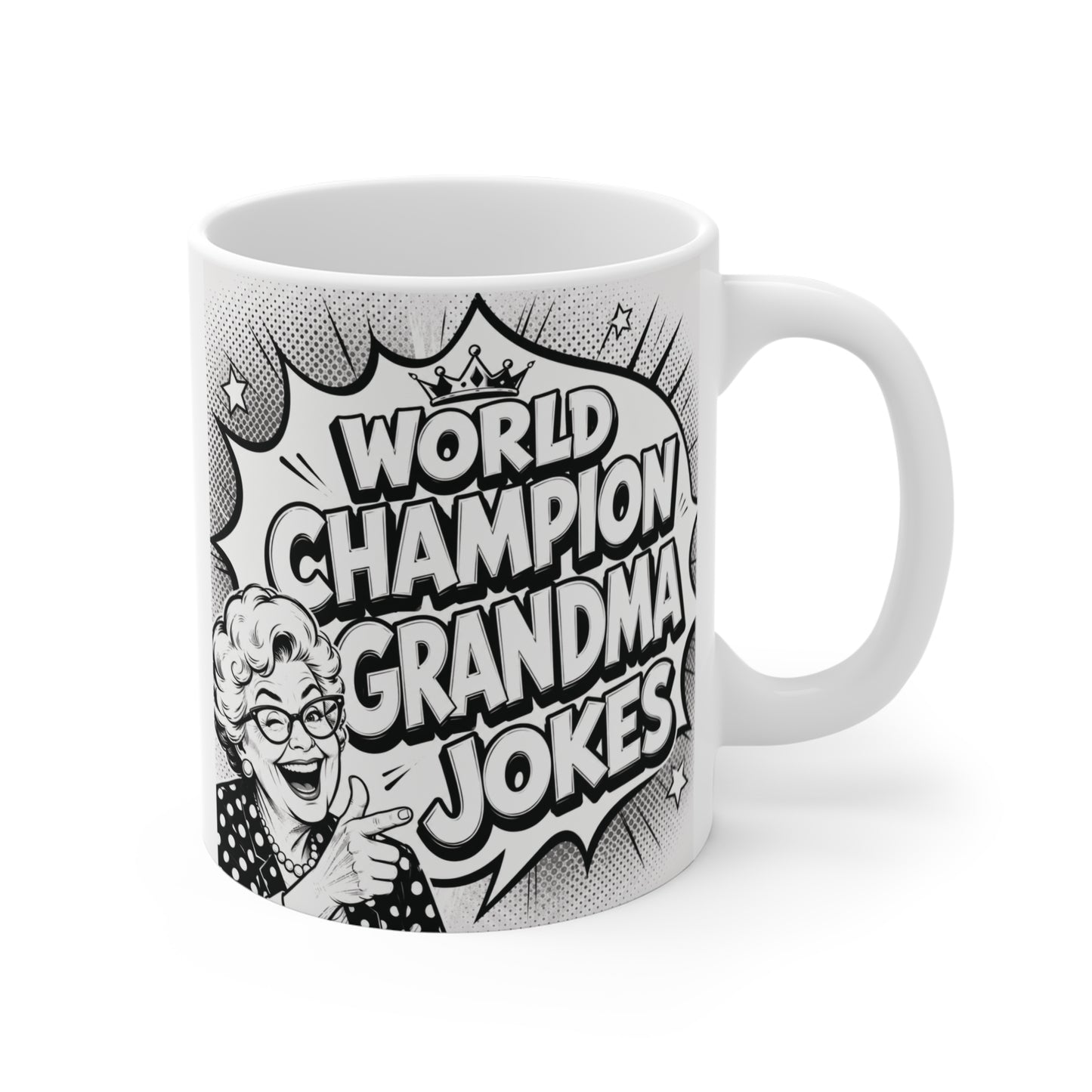 World Champion Grandma Jokes 11oz ceramic coffee mug featuring a vintage comic-style grandma illustration and bold black-and-white typography.