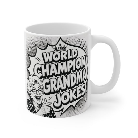 World Champion Grandma Jokes 11oz ceramic coffee mug featuring a vintage comic-style grandma illustration and bold black-and-white typography.