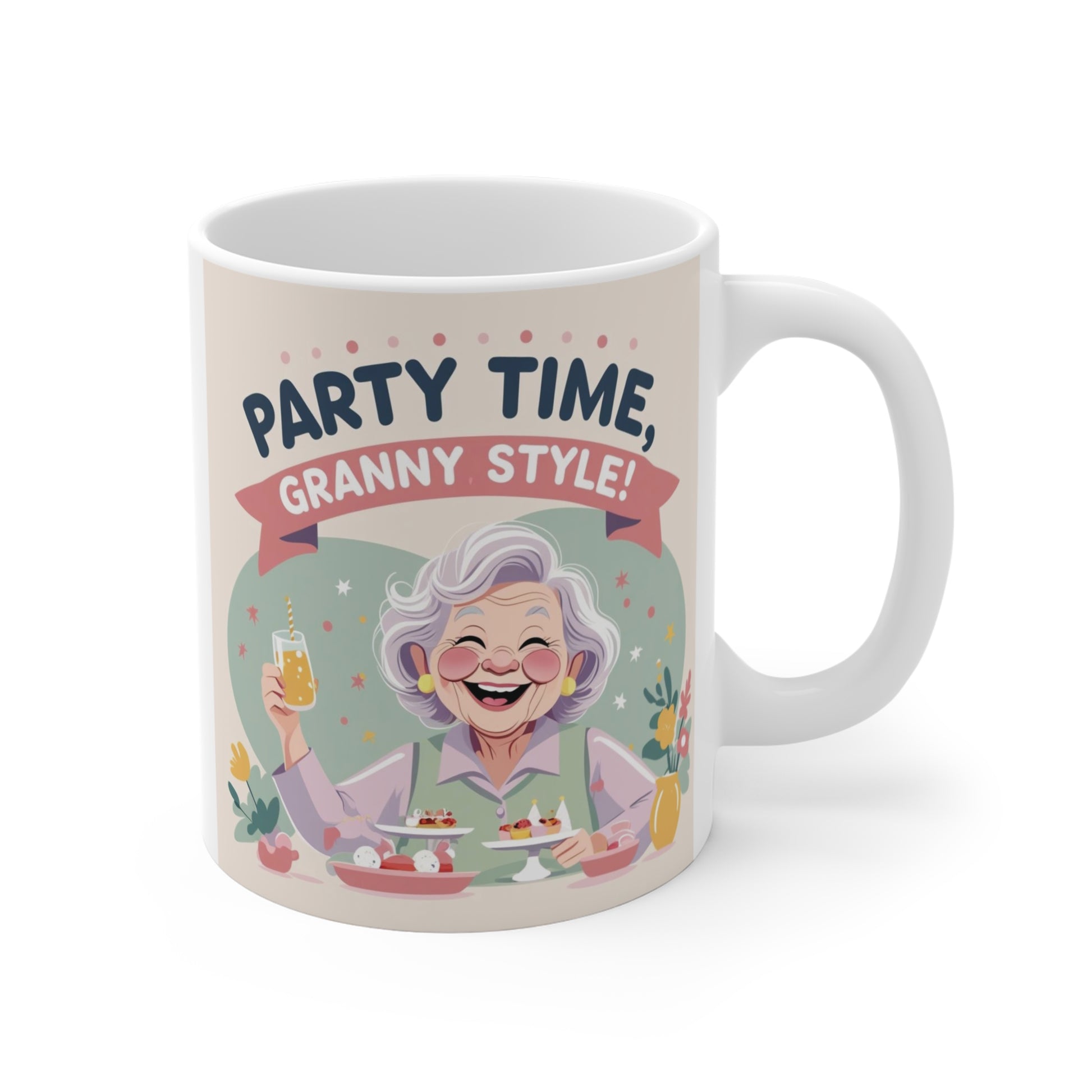 11oz white ceramic coffee mug featuring a smiling grandmother illustration with Party Time Granny Style text, perfect funny grandma gift.