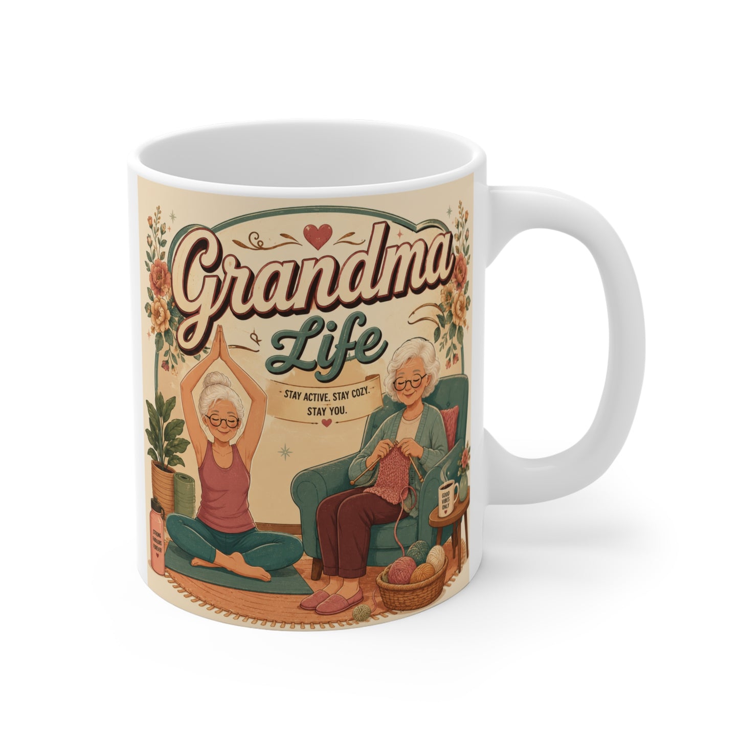 Vintage style Grandma Life 11oz ceramic coffee mug with floral cozy grandma illustration