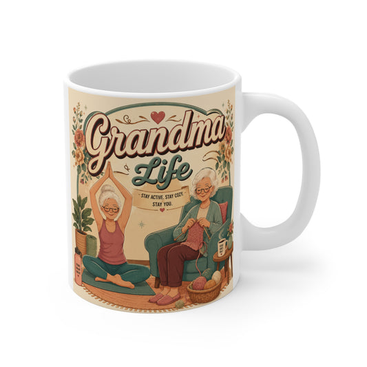 Vintage style Grandma Life 11oz ceramic coffee mug with floral cozy grandma illustration