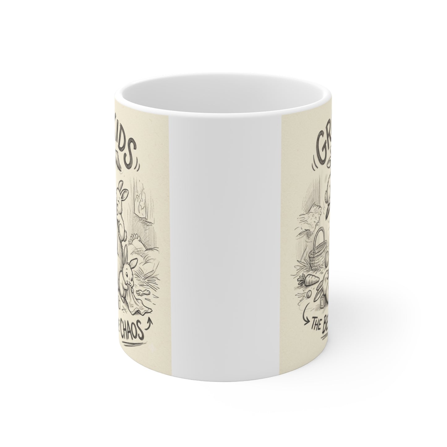 Funny grandparents coffee mug featuring cute rabbits and the saying "Grandkids The Best Kind of Chaos."