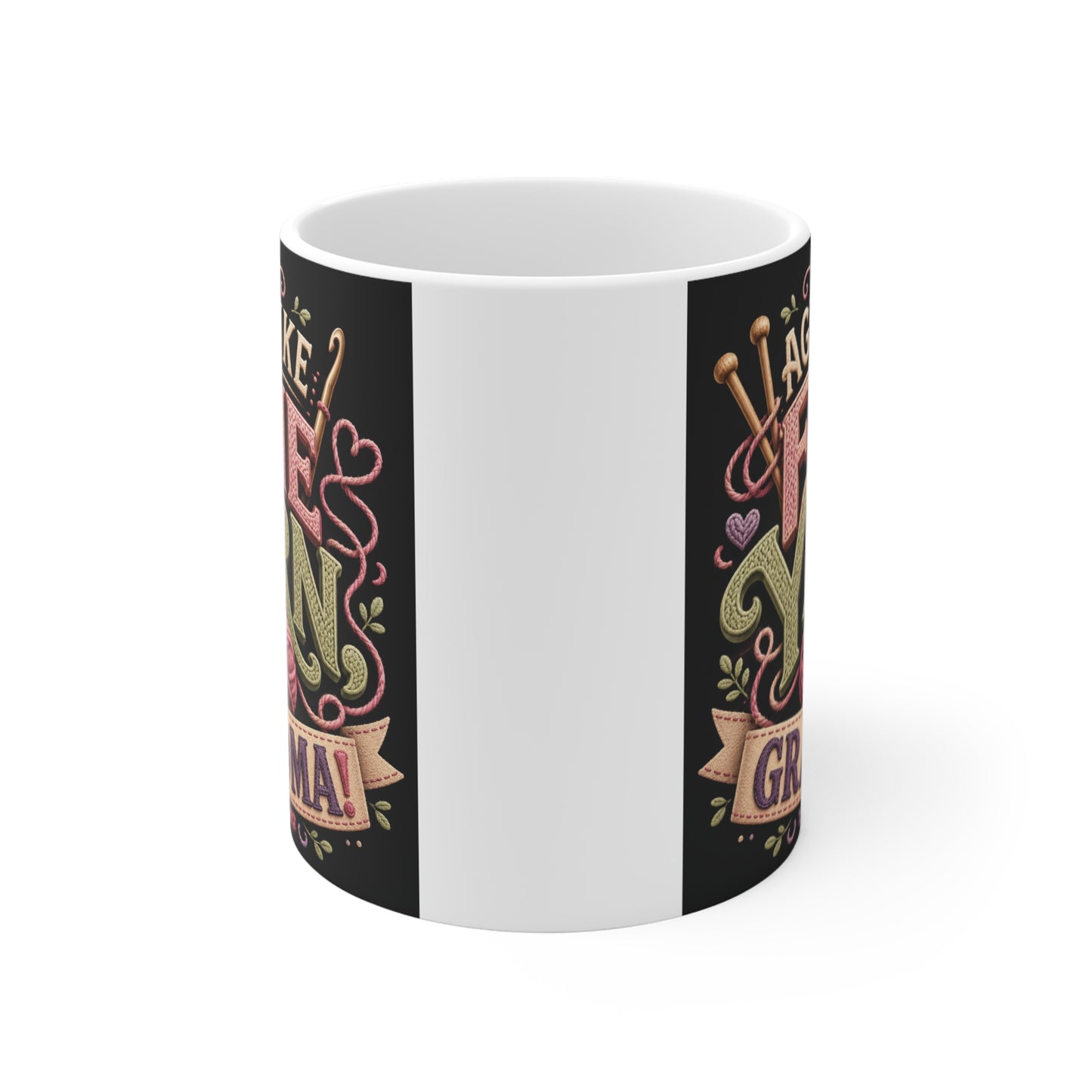 11oz ceramic Grandma coffee mug with colorful knitting-themed artwork, perfect for Mother's Day, birthdays, and Christmas gifts.