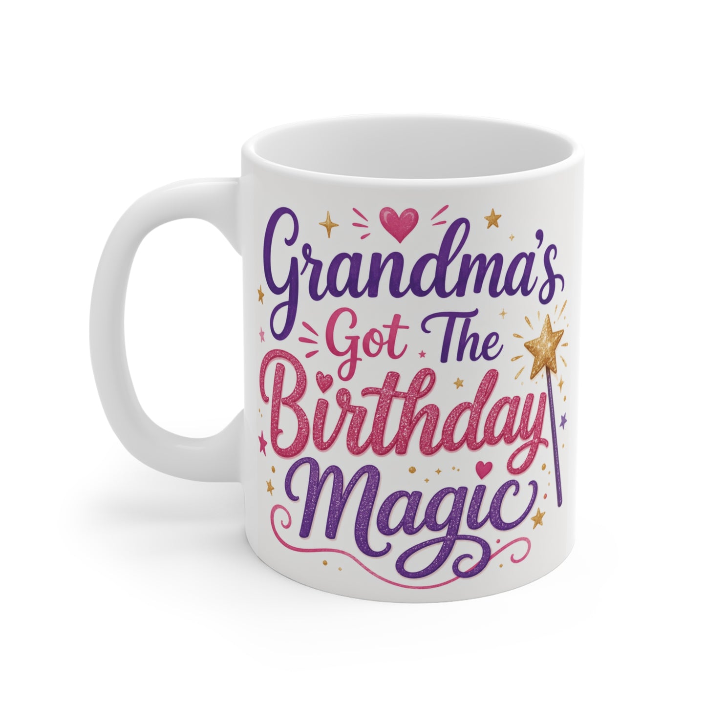 Funny grandma birthday mug gift featuring vibrant hand-lettered typography design