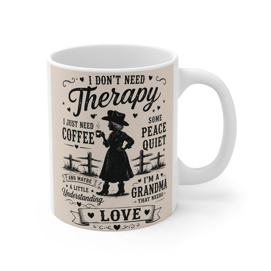 Funny grandma coffee mug with vintage silhouette design and quote about coffee, peace, quiet, and love on an 11oz ceramic mug.