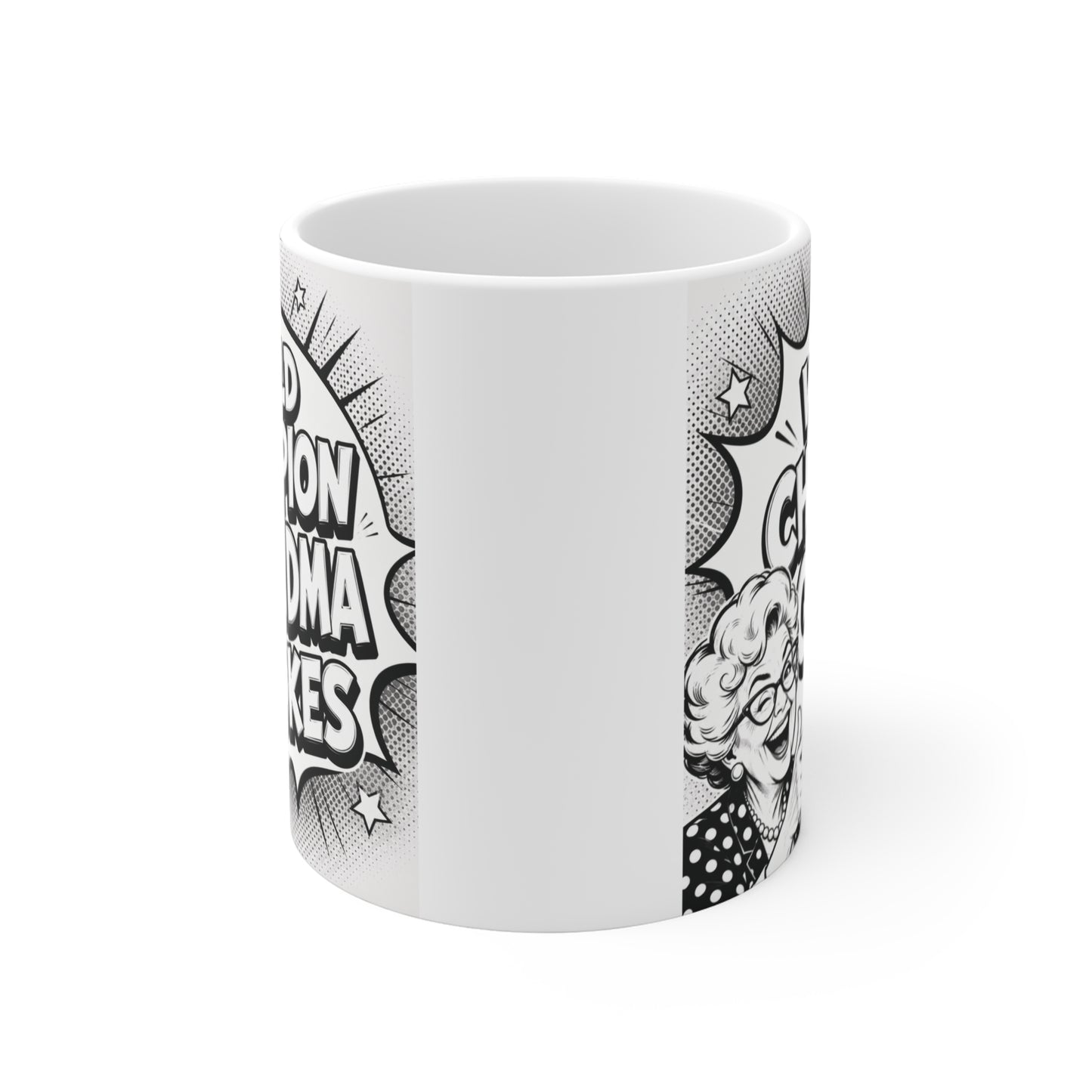 Funny Grandma coffee mug with the phrase "World Champion Grandma Jokes" in bold comic lettering, perfect as a birthday, Mother's Day, or Christmas gift.