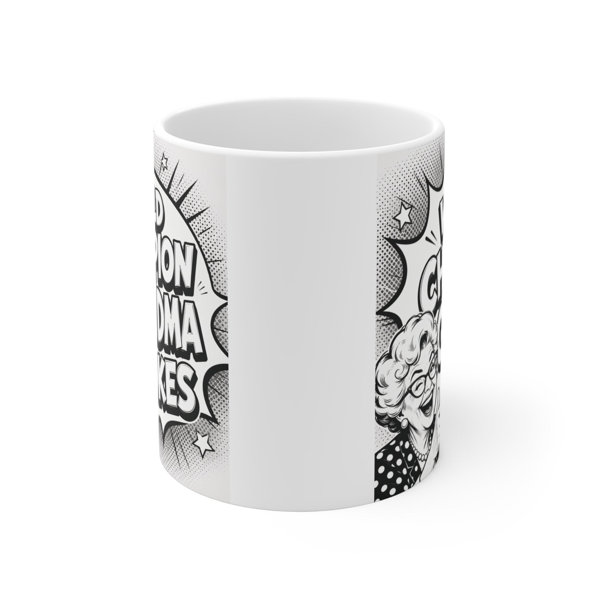 Funny Grandma coffee mug with the phrase "World Champion Grandma Jokes" in bold comic lettering, perfect as a birthday, Mother's Day, or Christmas gift.
