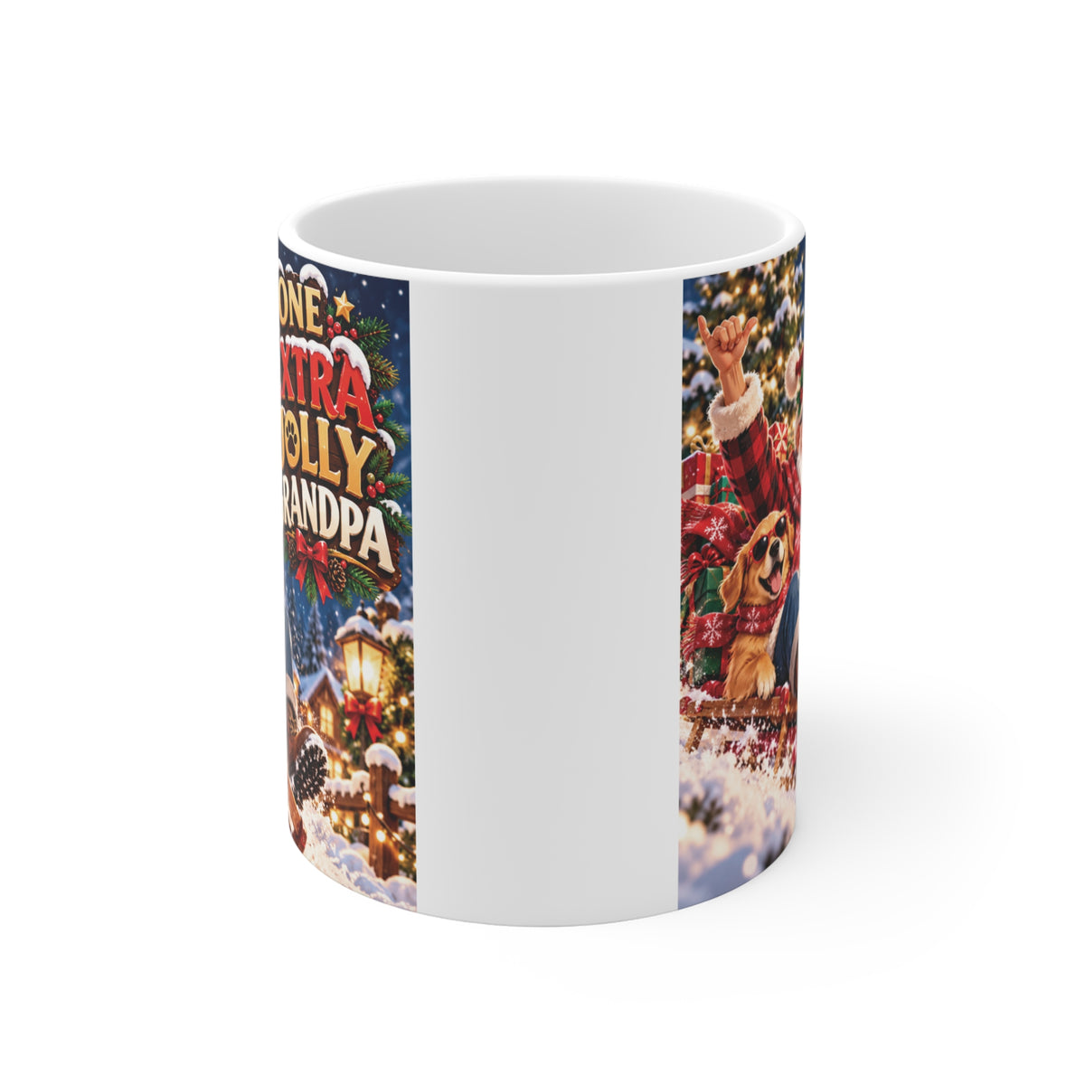 Front view of a white 11oz ceramic mug printed with One Extra Jolly Grandpa holiday design, Santa and dog on a wooden sled.