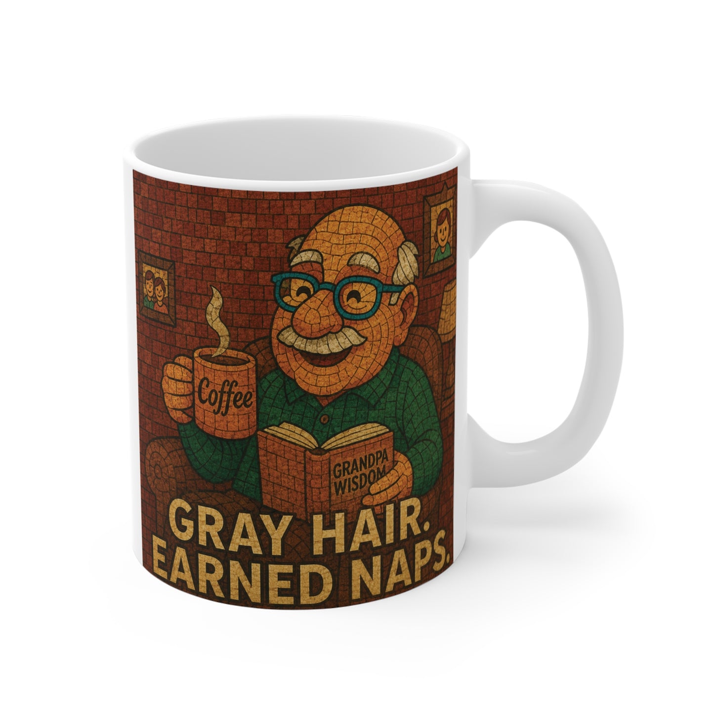 A funny grandpa coffee mug featuring a smiling grandfather reading a book and drinking coffee with the phrase "Gray Hair. Earned Naps."