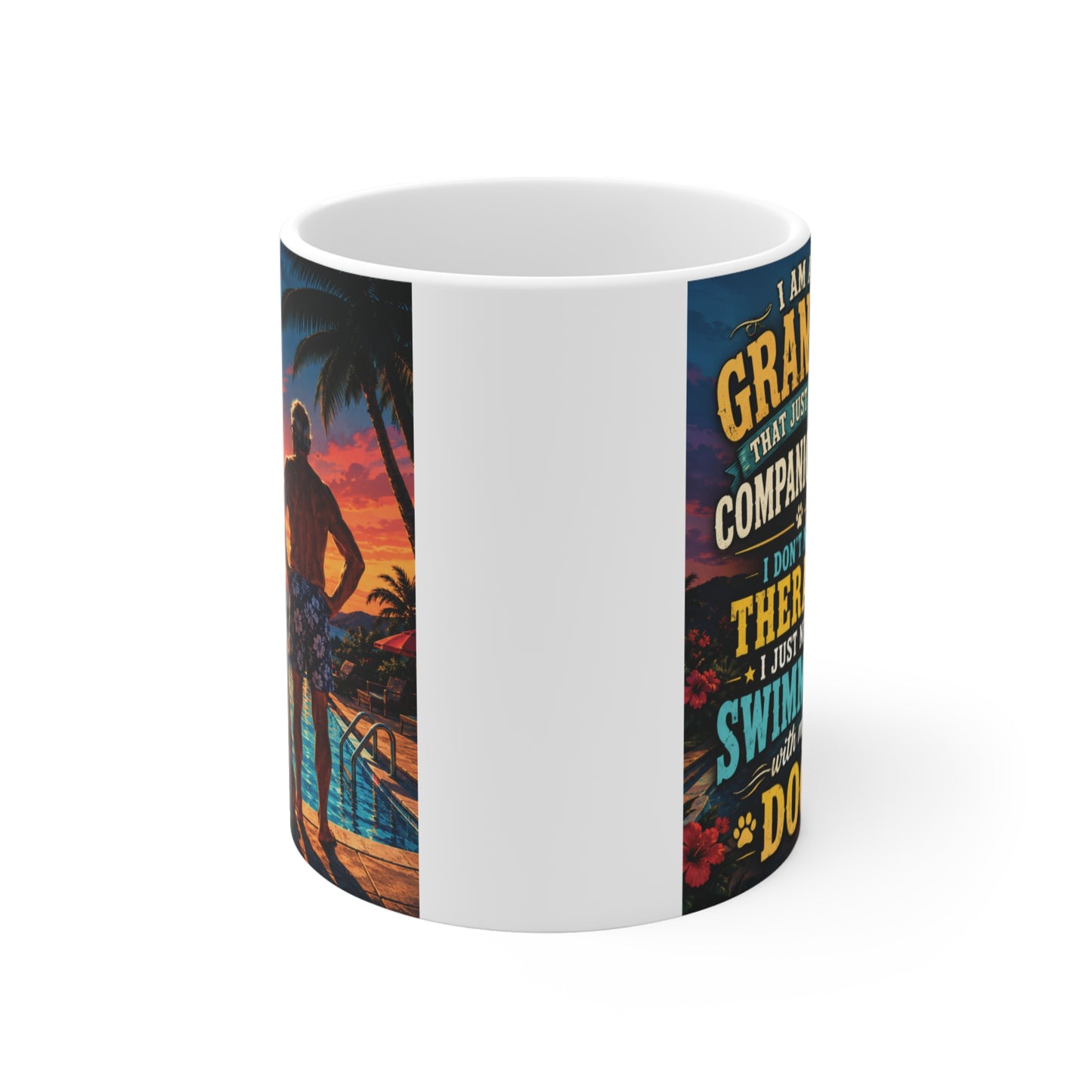 Funny grandpa coffee mug featuring silhouette of a grandfather and dog by a swimming pool with tropical sunset background