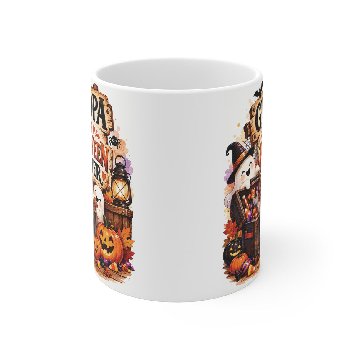 Funny Grandpa Halloween coffee mug featuring friendly ghosts, jack-o’-lanterns, candy and colorful fall details.