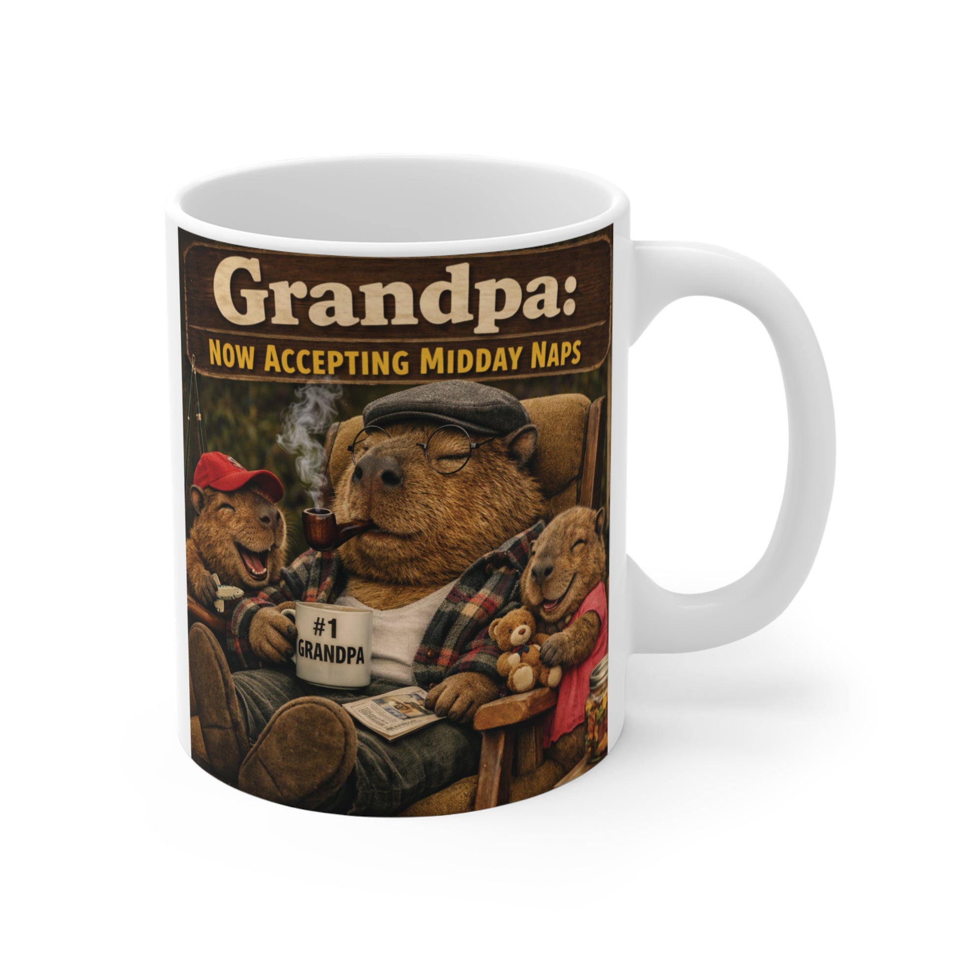 Funny 11oz ceramic coffee mug featuring a beaver grandpa sitting in a chair with the text "Grandpa Now Accepting Midday Naps," perfect gift for grandfathers and retirees.