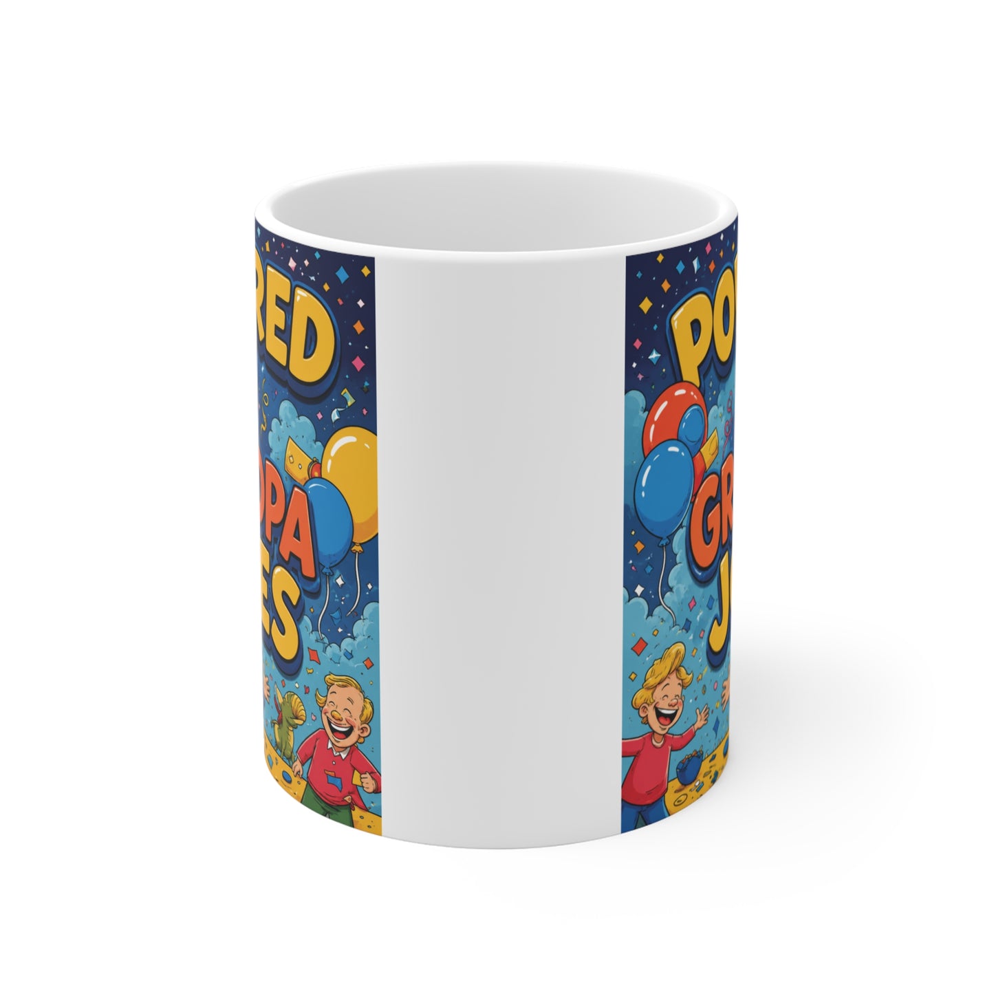 White ceramic coffee mug with bold "Powered By Grandpa Jokes" text and playful cartoon artwork, an ideal birthday, Father's Day, or Christmas gift for Grandpa.