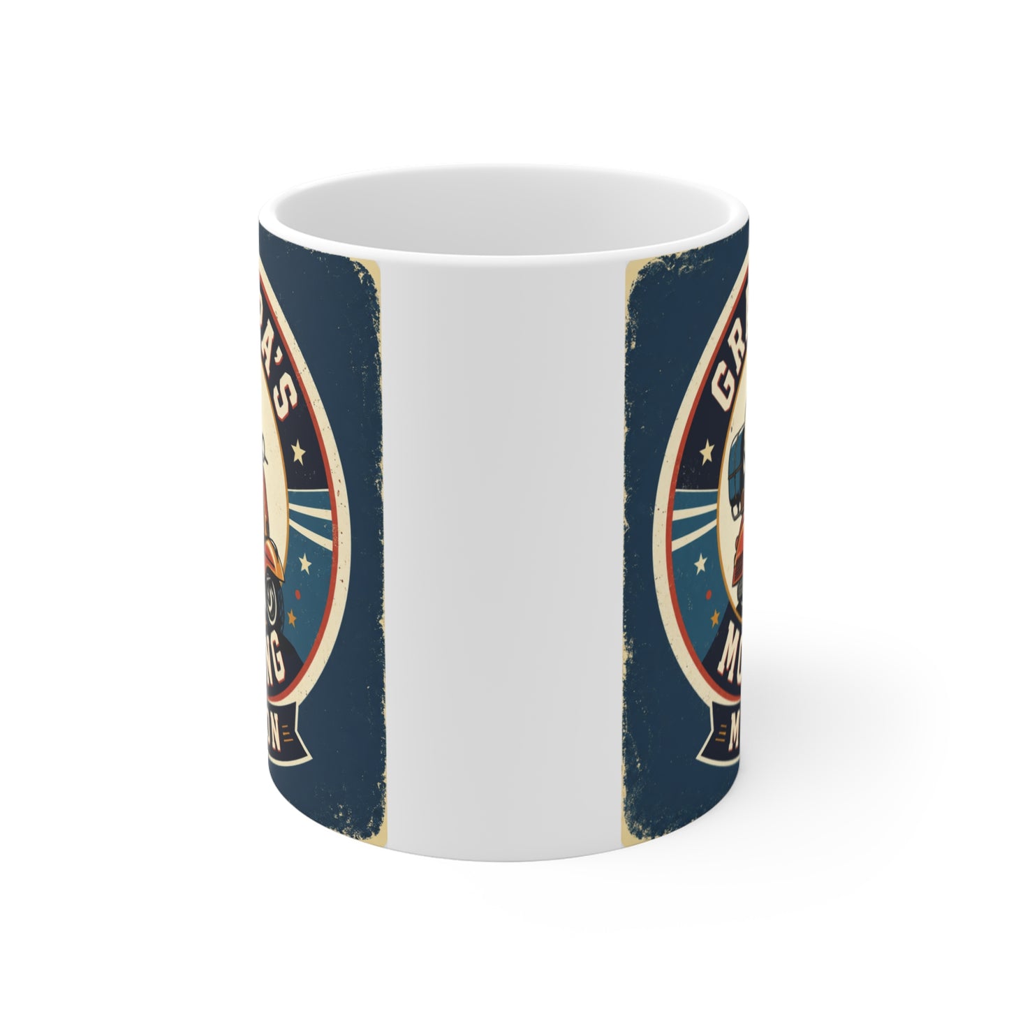 Funny grandpa coffee mug with retro scooter illustration and Grandpa's Morning Mission slogan, perfect retirement and Father's Day gift.