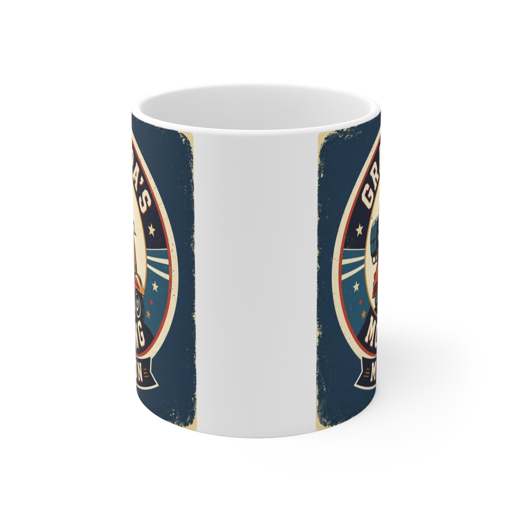 Funny grandpa coffee mug with retro scooter illustration and Grandpa's Morning Mission slogan, perfect retirement and Father's Day gift.