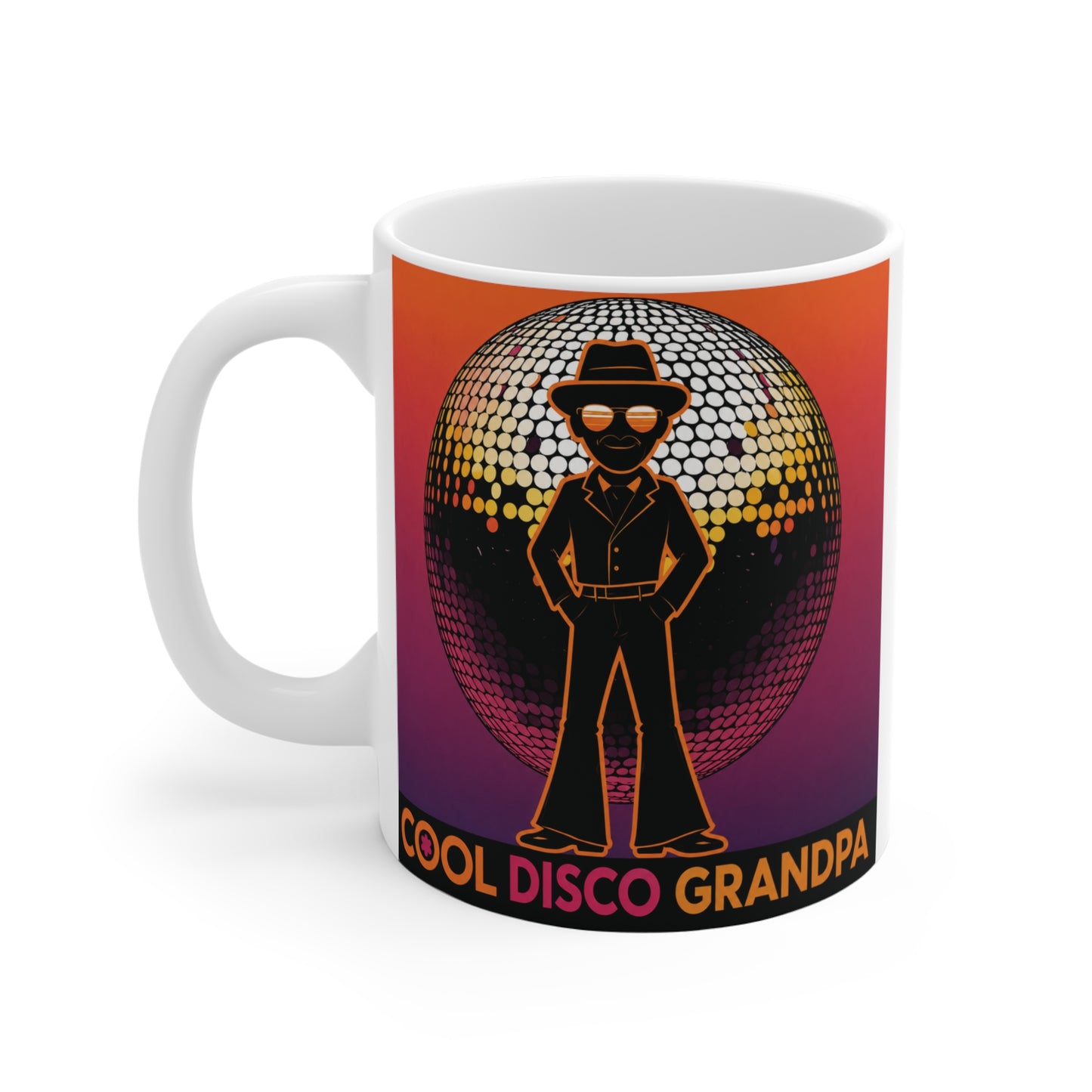 Funny grandpa coffee mug featuring a retro disco theme, disco ball background, and cool granddad design for everyday coffee lovers.