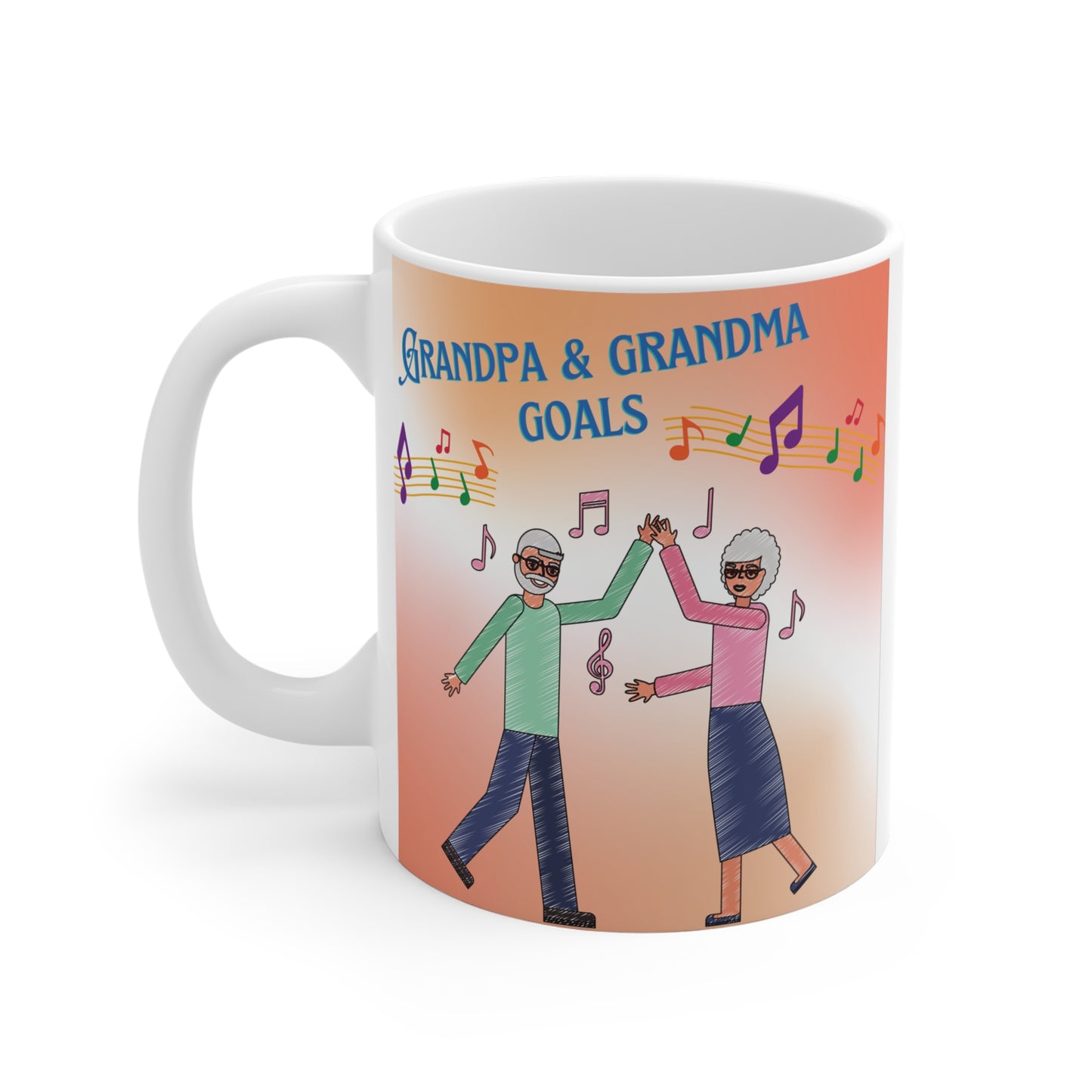 White ceramic mug printed with Grandpa & Grandma Goals design showing a joyful dancing grandparent couple surrounded by musical notes.