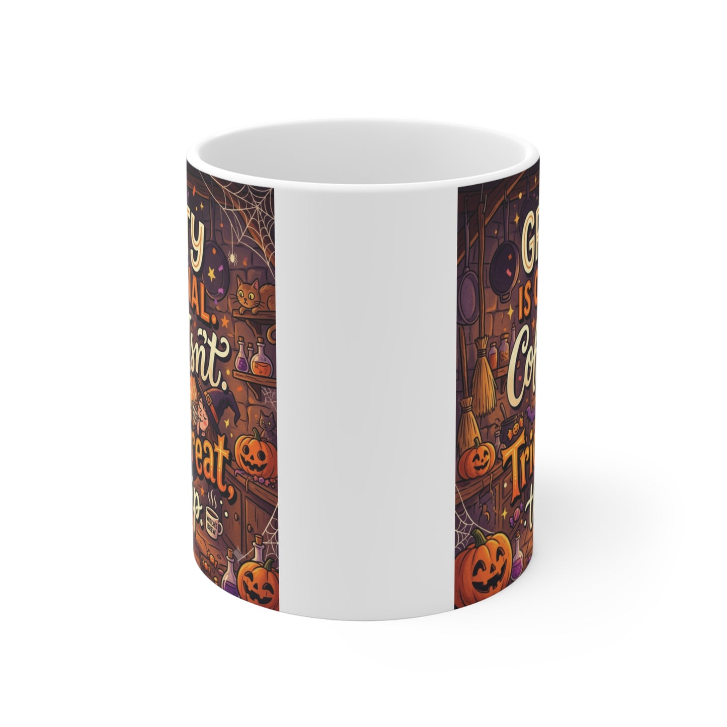 11oz ceramic Halloween coffee mug featuring whimsical fall typography with pumpkins, coffee beans, and seasonal harvest decorations.