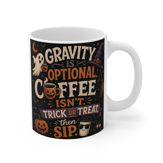 11oz white ceramic coffee mug with Halloween design reading Gravity Is Optional, Coffee Isn't, Trick or Treat, Then Sip featuring ghosts, pumpkins, and a witch hat.