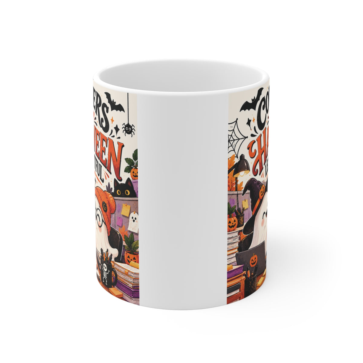 Cute ghost coworker Halloween coffee mug featuring Coworkers Make Halloween Less Frightful, ideal for office Halloween gifts and coffee lovers.