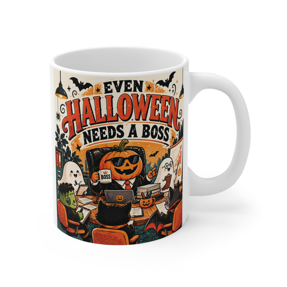 Even Halloween Needs a Boss 11oz coffee mug with vintage pumpkin, ghost and office Halloween artwork, funny gift for boss or manager.