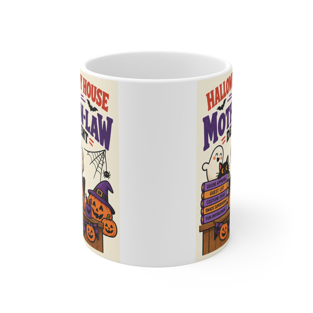 Cute retro Halloween coffee mug for mother-in-law featuring a smiling MIL, pumpkins and colorful spooky season artwork.