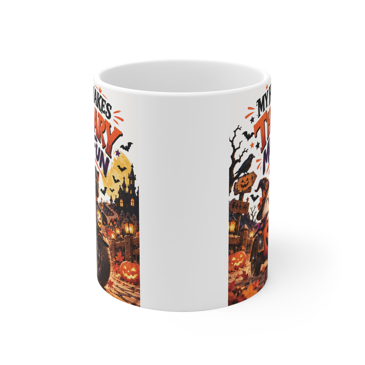Funny Halloween coffee mug for husband with motorcycle, jack-o-lantern pumpkins and My Hubby Makes the Scary More Fun design.