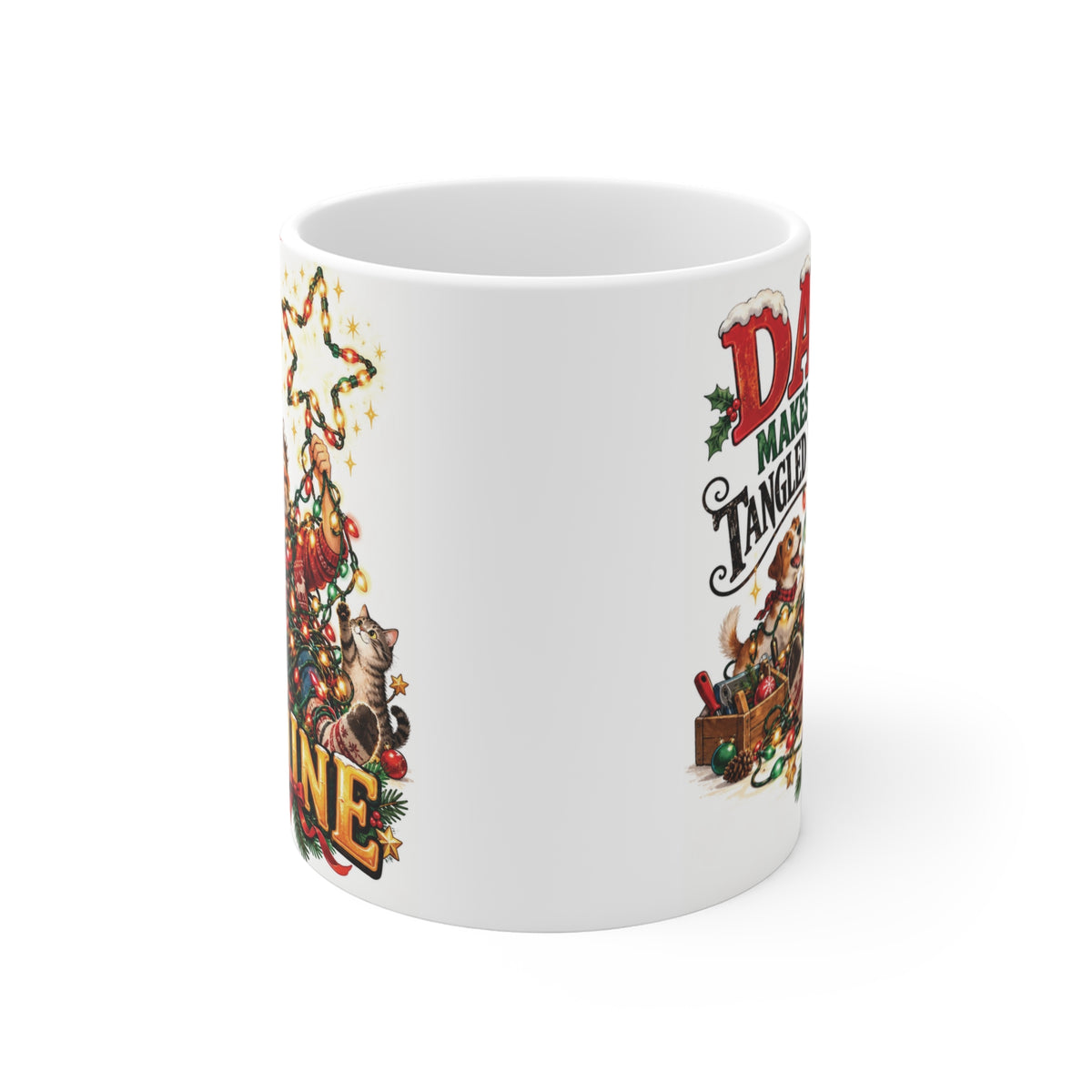 Front view of an 11 oz white holiday mug printed with Dad Makes The Tangled Lights Shine featuring Santa hat and Christmas tree lights