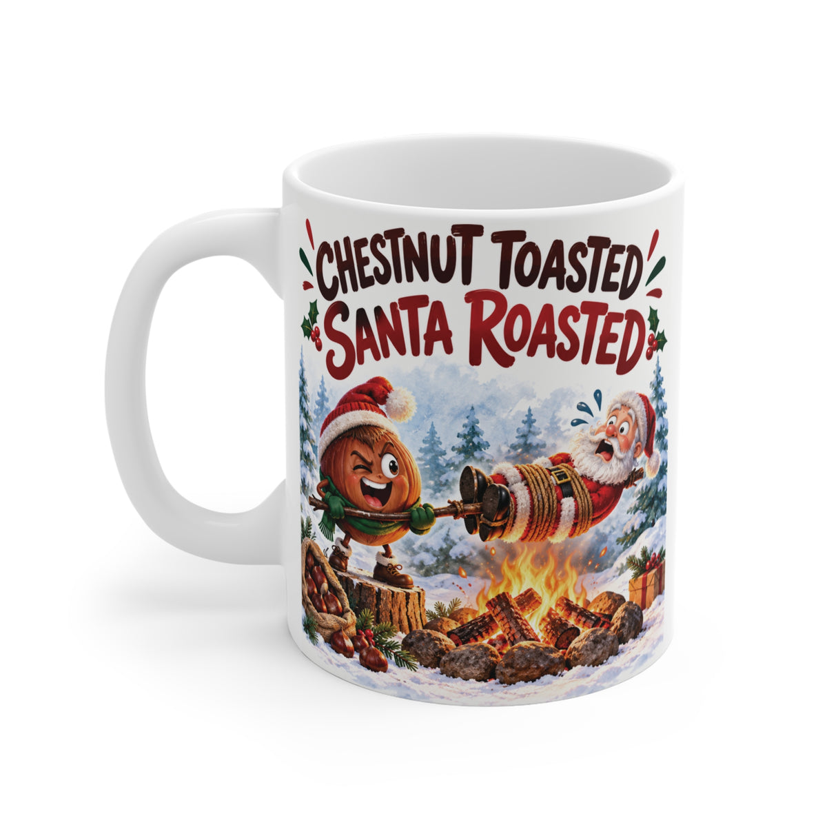 Funny holiday mug featuring Santa and a playful chestnut roasting by a Christmas campfire, unique ceramic coffee cup for Secret Santa gifting.