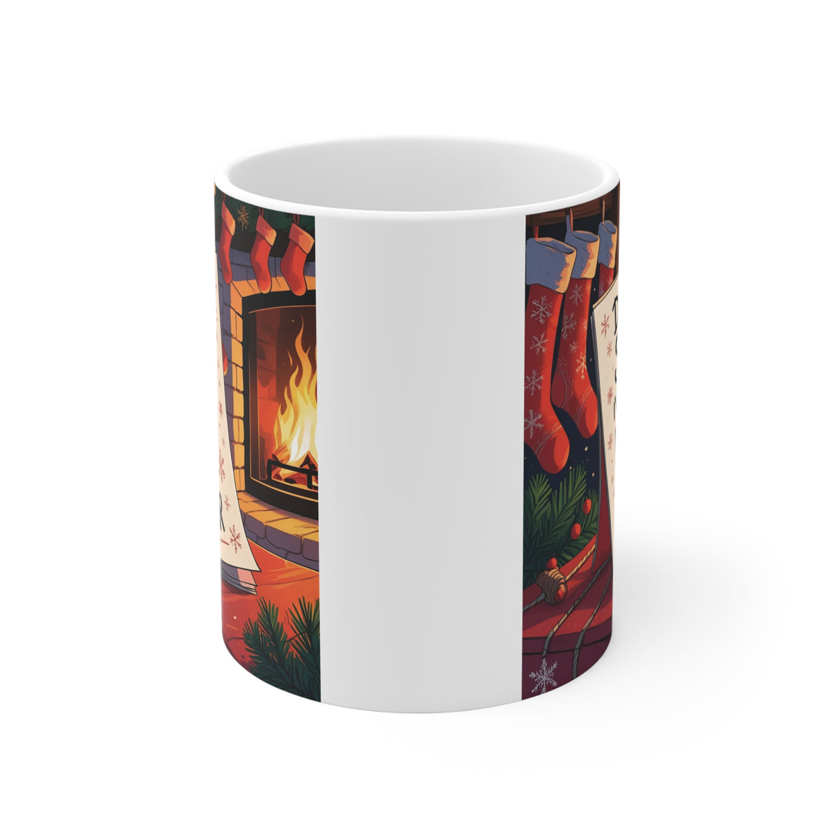 11oz white ceramic Christmas mug with Dear Santa I've Been the Hubby of the Year quote, Christmas stockings and warm fireplace illustration.
