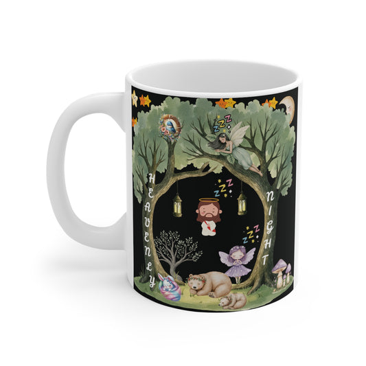 Heavenly night mug with sleeping angels, Jesus illustration, bears and fairy under tree, ‘Heavenly Night’ text design