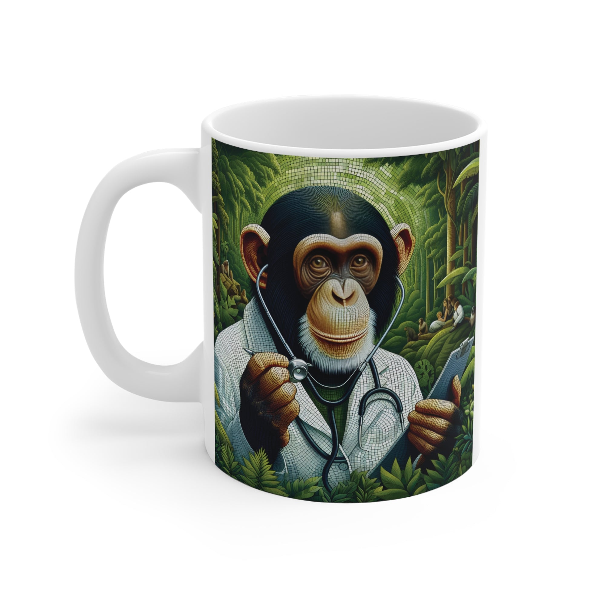 White ceramic mug decorated with a cartoon chimpanzee dressed as a doctor, holding medical tools in a vibrant green jungle setting.