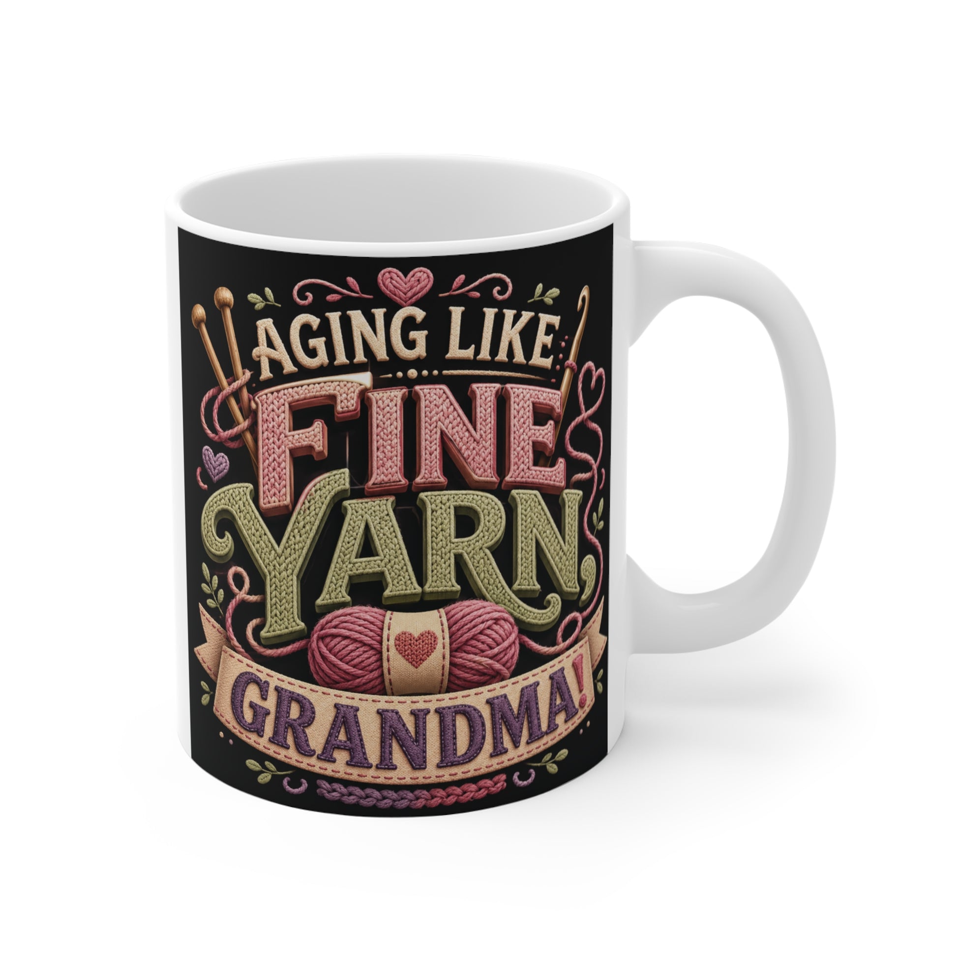 Aging Like Fine Yarn Grandma mug featuring colorful yarn balls and knitting-themed typography on an 11oz ceramic coffee mug.