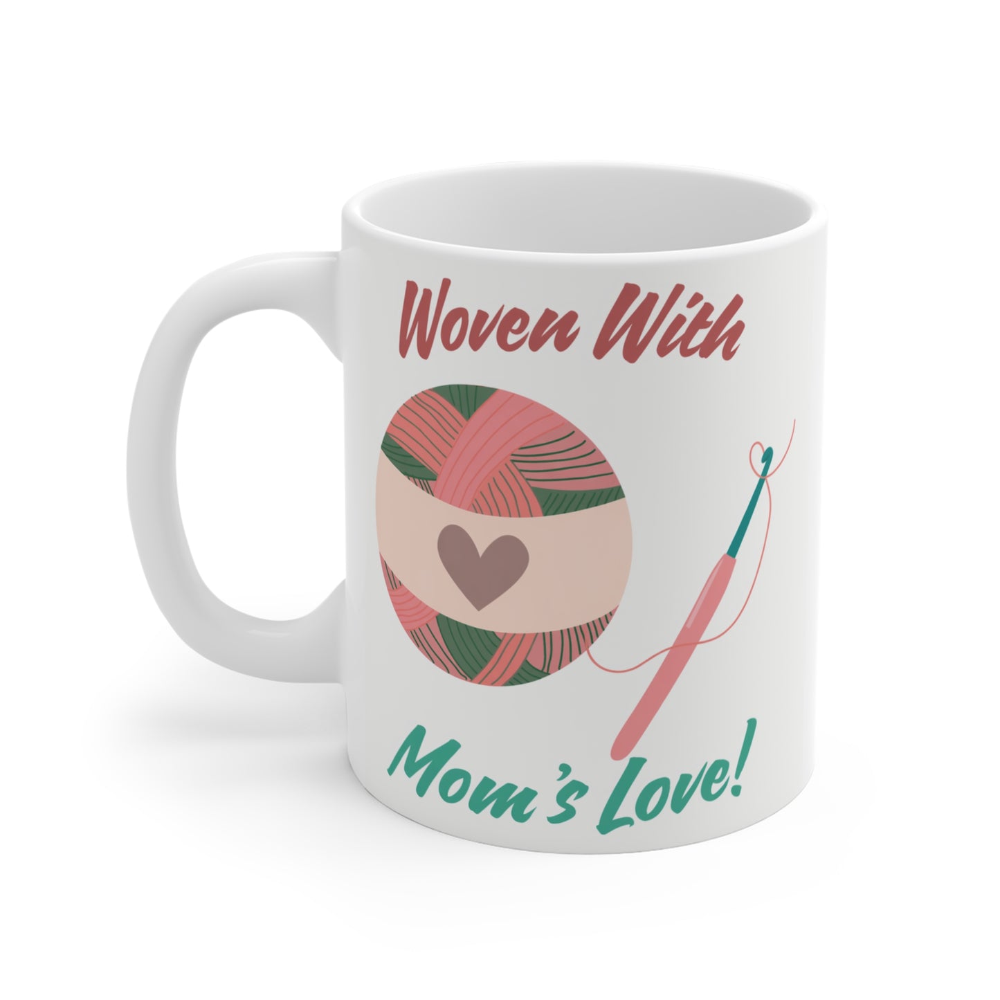 Crochet and knitting themed mug featuring yarn ball graphic and “Mom’s Love” text, cozy gift for craft lovers