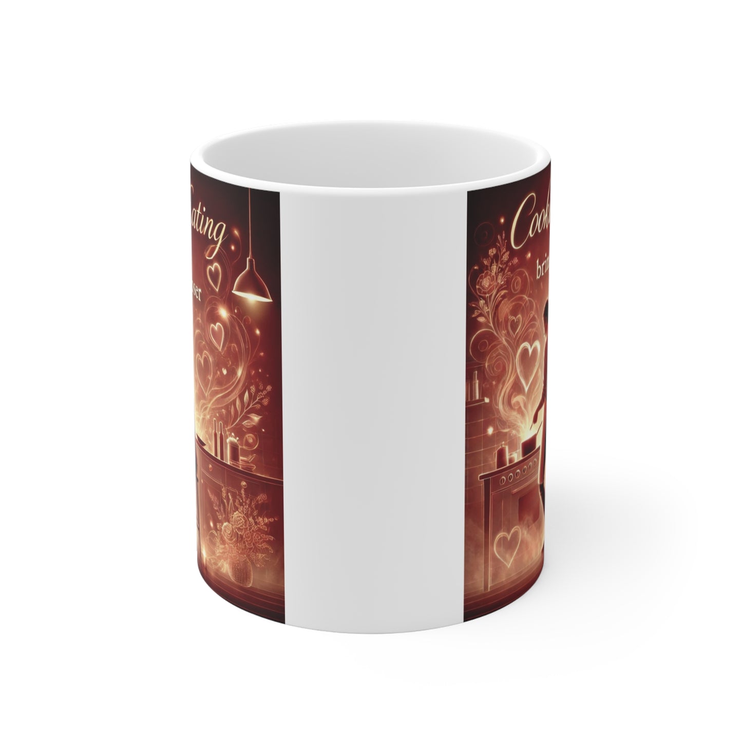 Love-themed coffee mug featuring couple cooking together in cozy kitchen with hearts and romantic quote about food bringing hearts closer