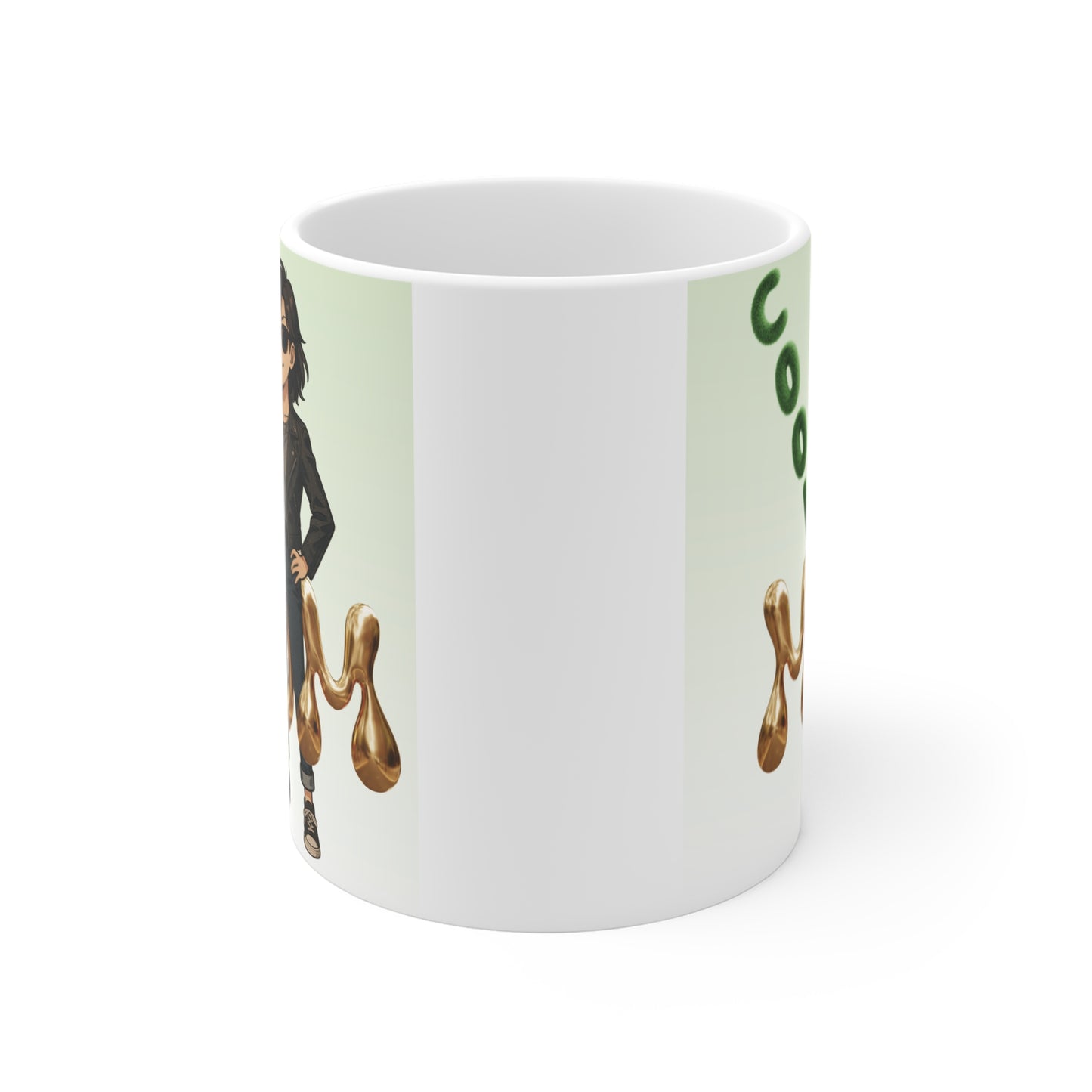 Trendy ‘Cool Mom’ coffee mug featuring edgy mom illustration with sunglasses and cucumber, modern gold lettering